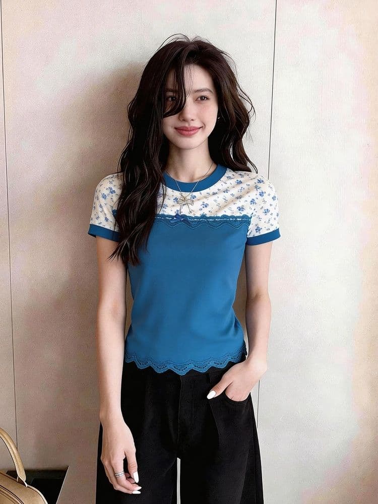 40 순면 한 부서 페이크 레이어드 레이스 조각 꽃무늬 반팔 티셔츠 여성 여름 몸매 가꾸기 슬림해 보이는 디자인 센스 맨위
