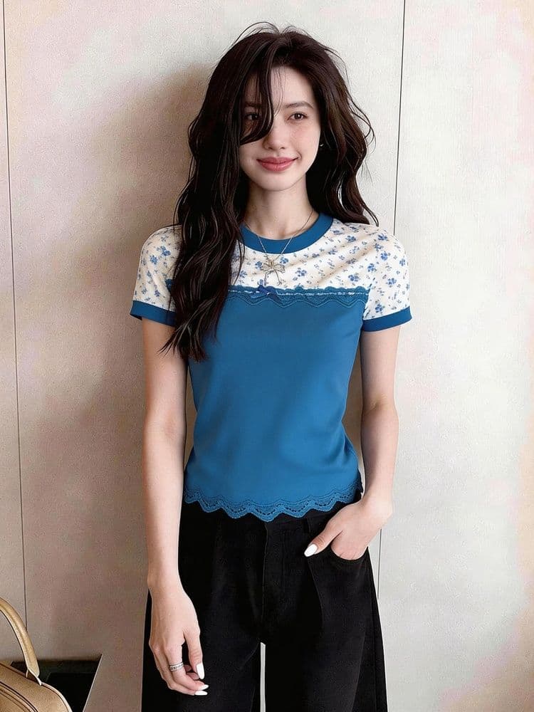 40 순면 한 부서 페이크 레이어드 레이스 조각 꽃무늬 반팔 티셔츠 여성 여름 몸매 가꾸기 슬림해 보이는 디자인 센스 맨위 이미지 2