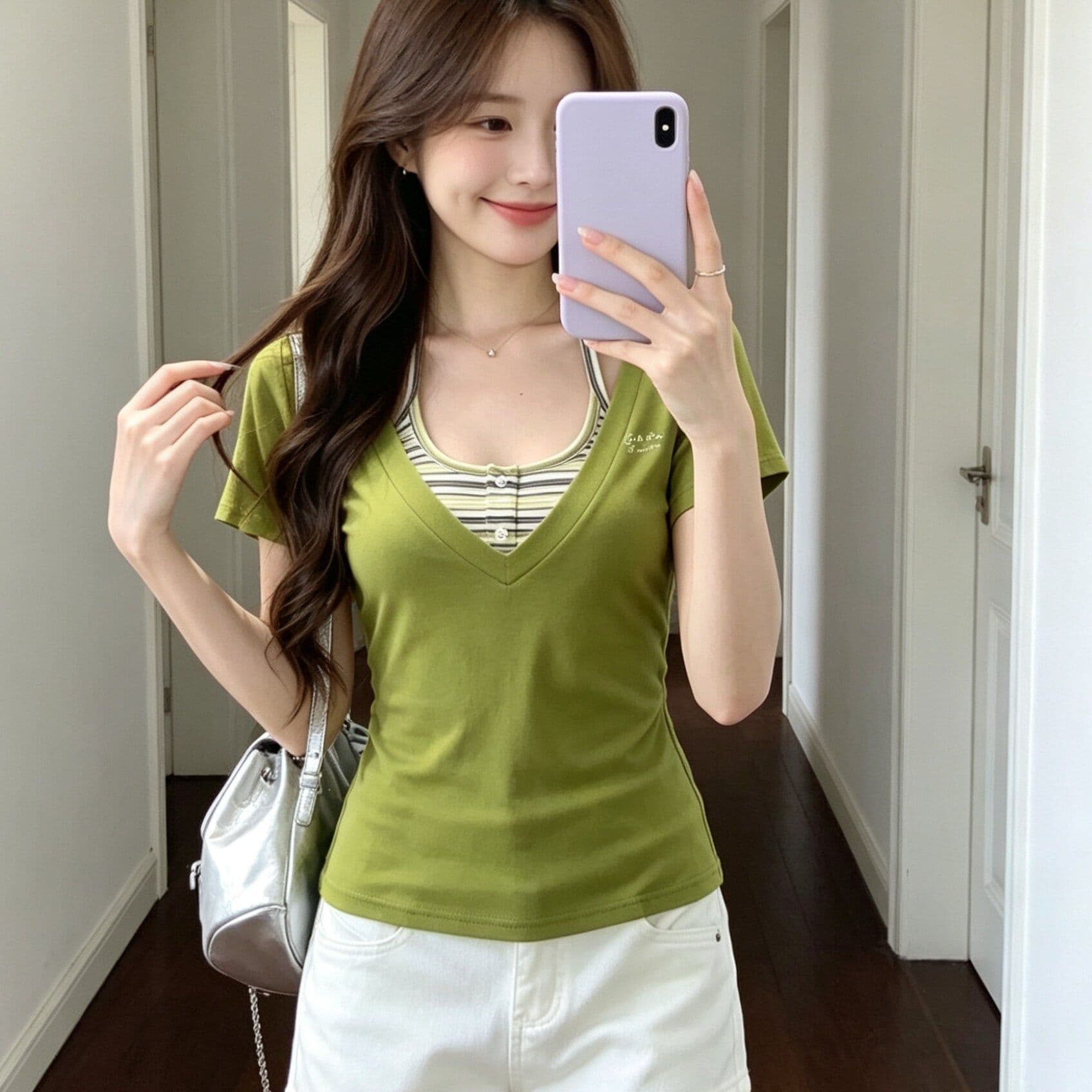 한 부서 스트라이프 행침 목 슬립 V넥 반팔 티셔츠 여성 여름 새로운 몸매 가꾸기 슬림해 보이는 달콤한 핫걸 맨위 투피스 세트 이미지 5