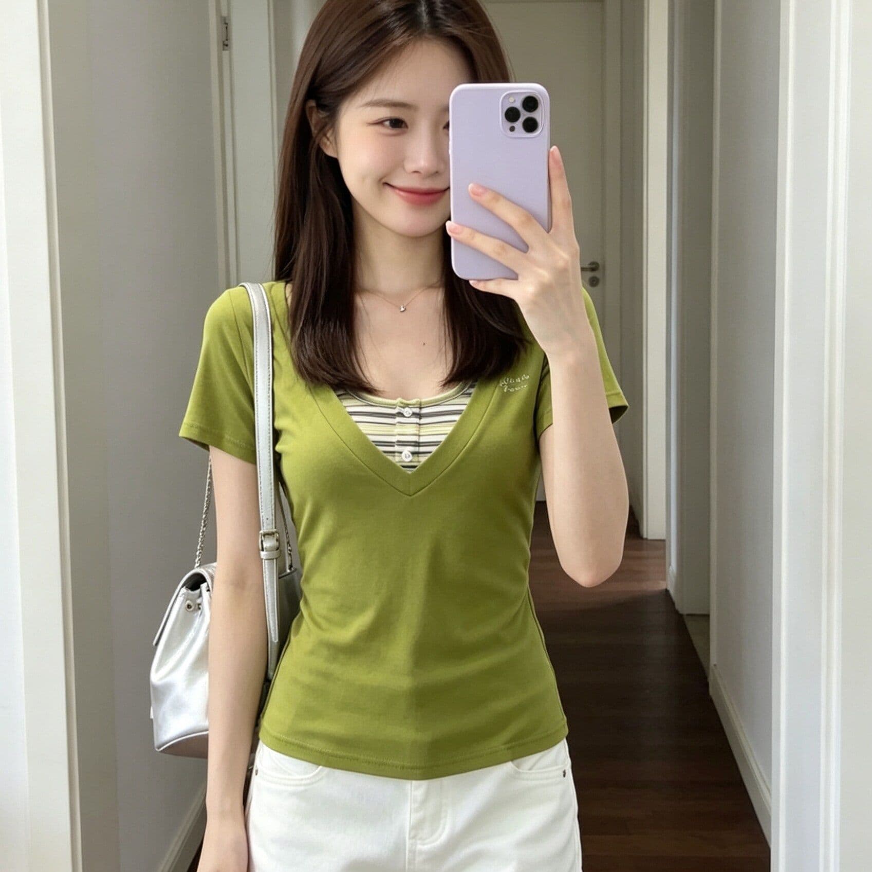 한 부서 스트라이프 행침 목 슬립 V넥 반팔 티셔츠 여성 여름 새로운 몸매 가꾸기 슬림해 보이는 달콤한 핫걸 맨위 투피스 세트 이미지 4