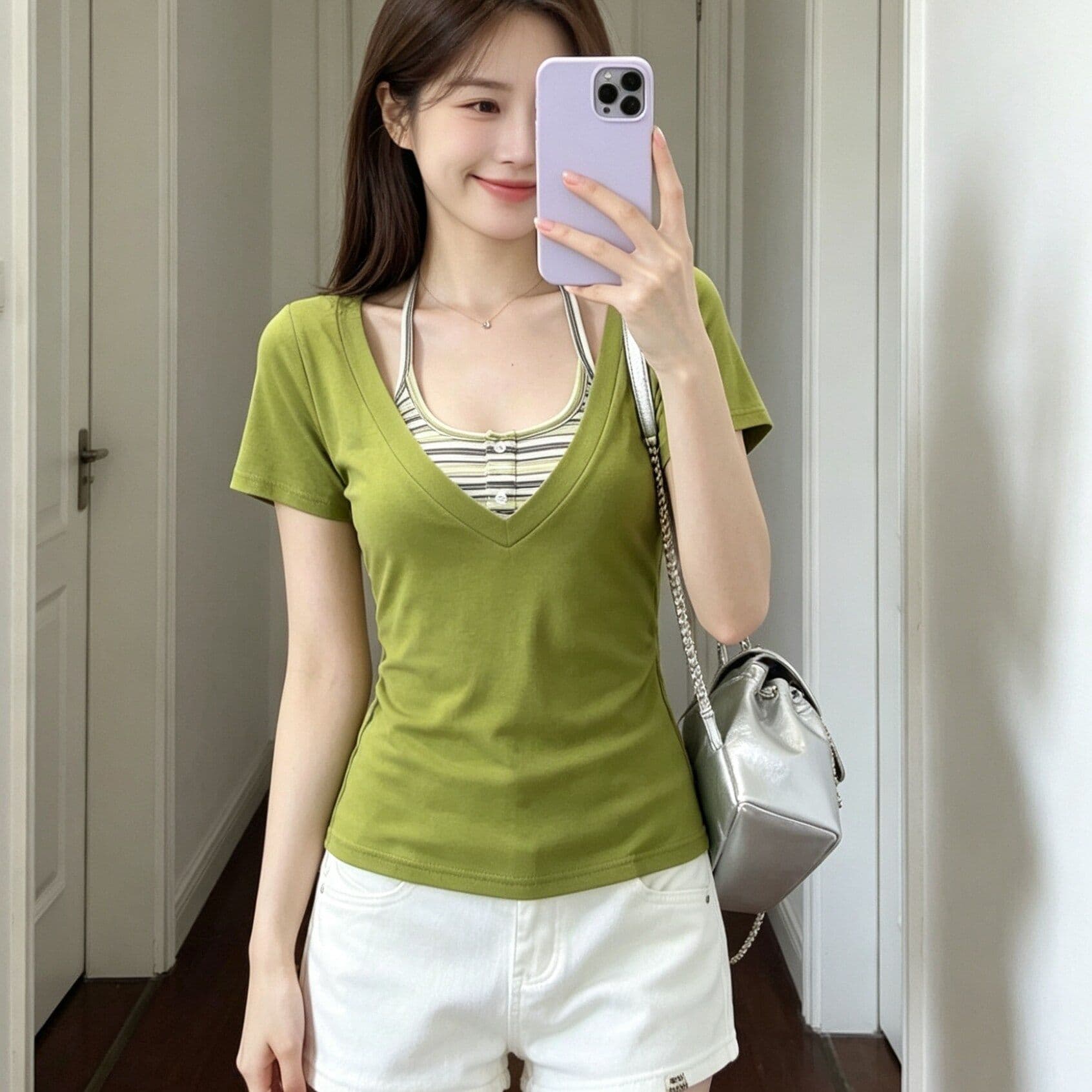 한 부서 스트라이프 행침 목 슬립 V넥 반팔 티셔츠 여성 여름 새로운 몸매 가꾸기 슬림해 보이는 달콤한 핫걸 맨위 투피스 세트 이미지 3
