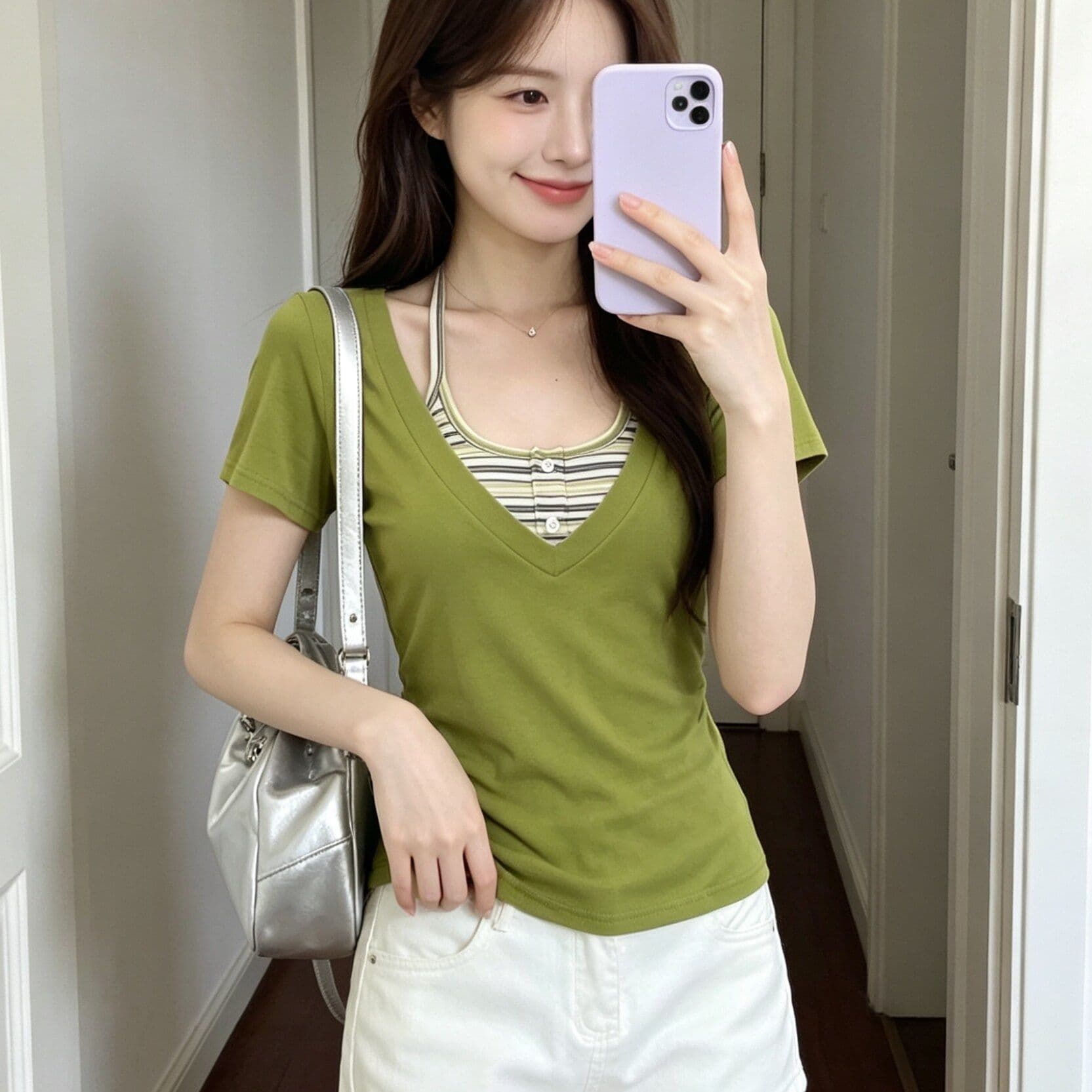 한 부서 스트라이프 행침 목 슬립 V넥 반팔 티셔츠 여성 여름 새로운 몸매 가꾸기 슬림해 보이는 달콤한 핫걸 맨위 투피스 세트