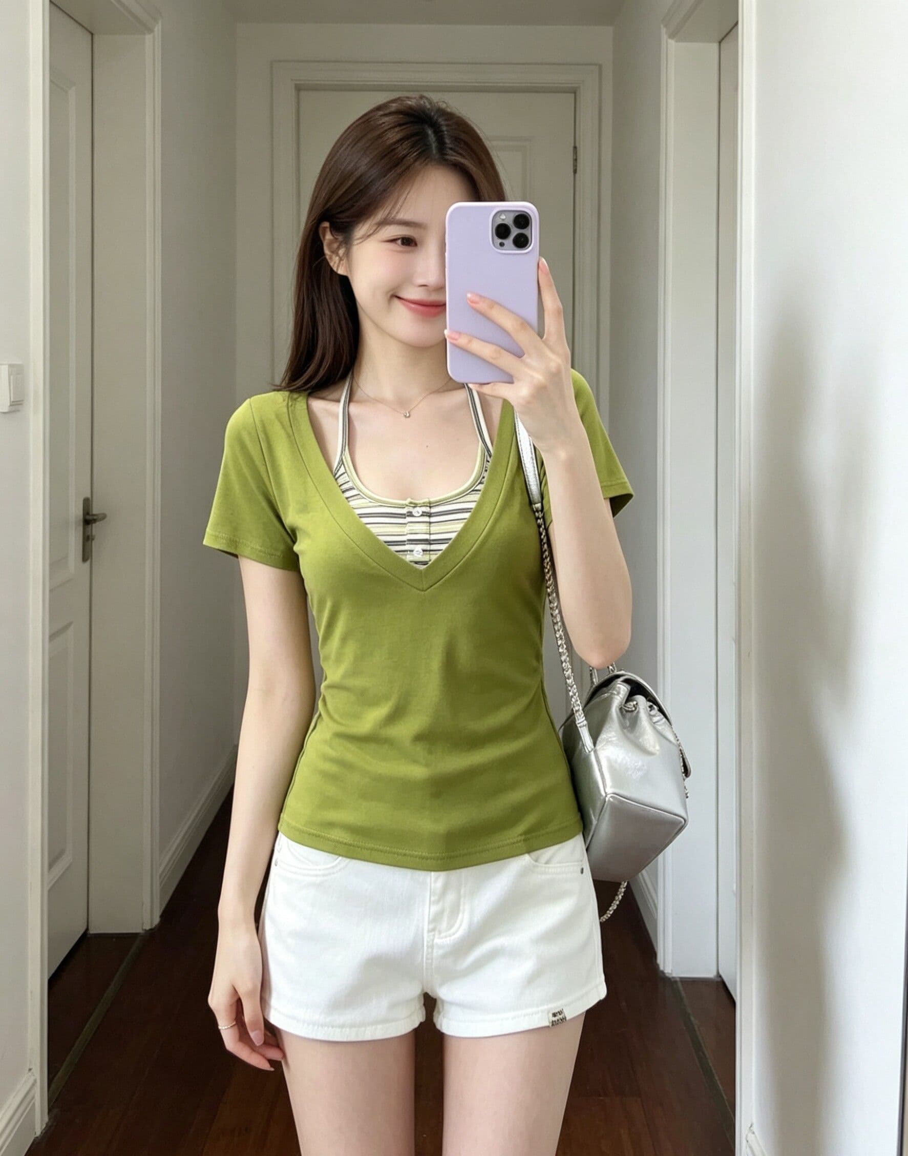 한 부서 스트라이프 행침 목 슬립 V넥 반팔 티셔츠 여성 여름 새로운 몸매 가꾸기 슬림해 보이는 달콤한 핫걸 맨위 투피스 세트 상세 이미지 1