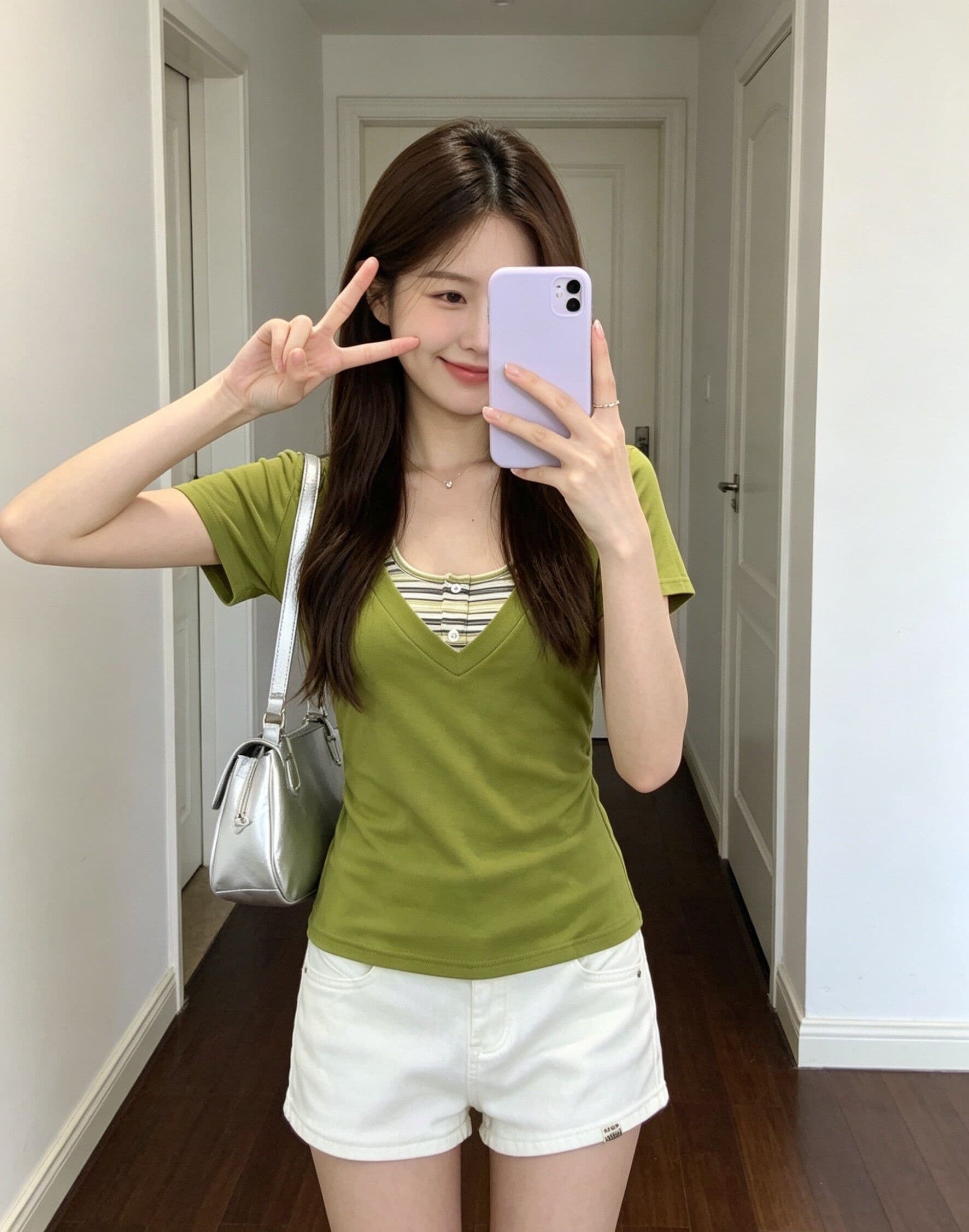한 부서 스트라이프 행침 목 슬립 V넥 반팔 티셔츠 여성 여름 새로운 몸매 가꾸기 슬림해 보이는 달콤한 핫걸 맨위 투피스 세트 상세 이미지 2