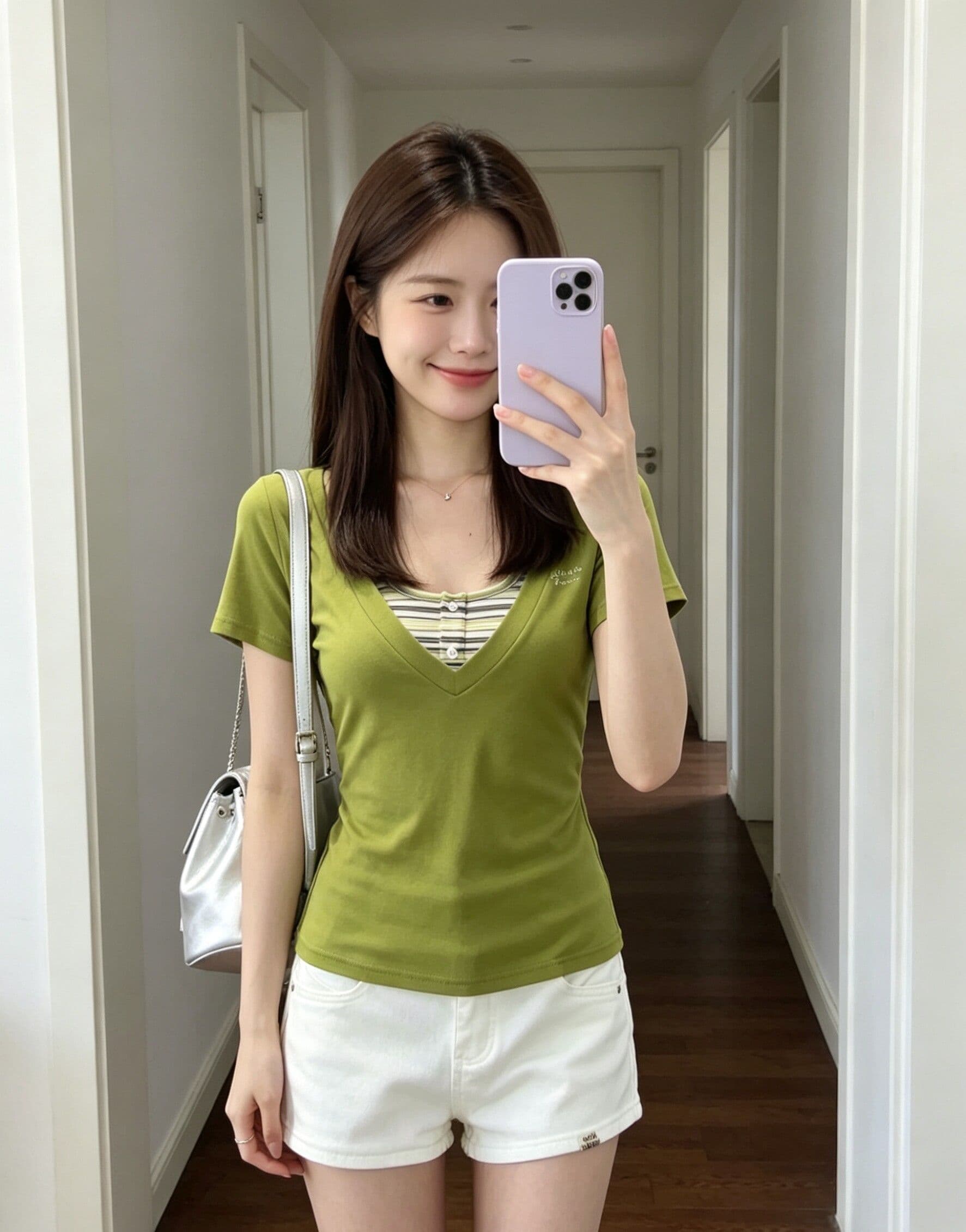 한 부서 스트라이프 행침 목 슬립 V넥 반팔 티셔츠 여성 여름 새로운 몸매 가꾸기 슬림해 보이는 달콤한 핫걸 맨위 투피스 세트 상세 이미지 3