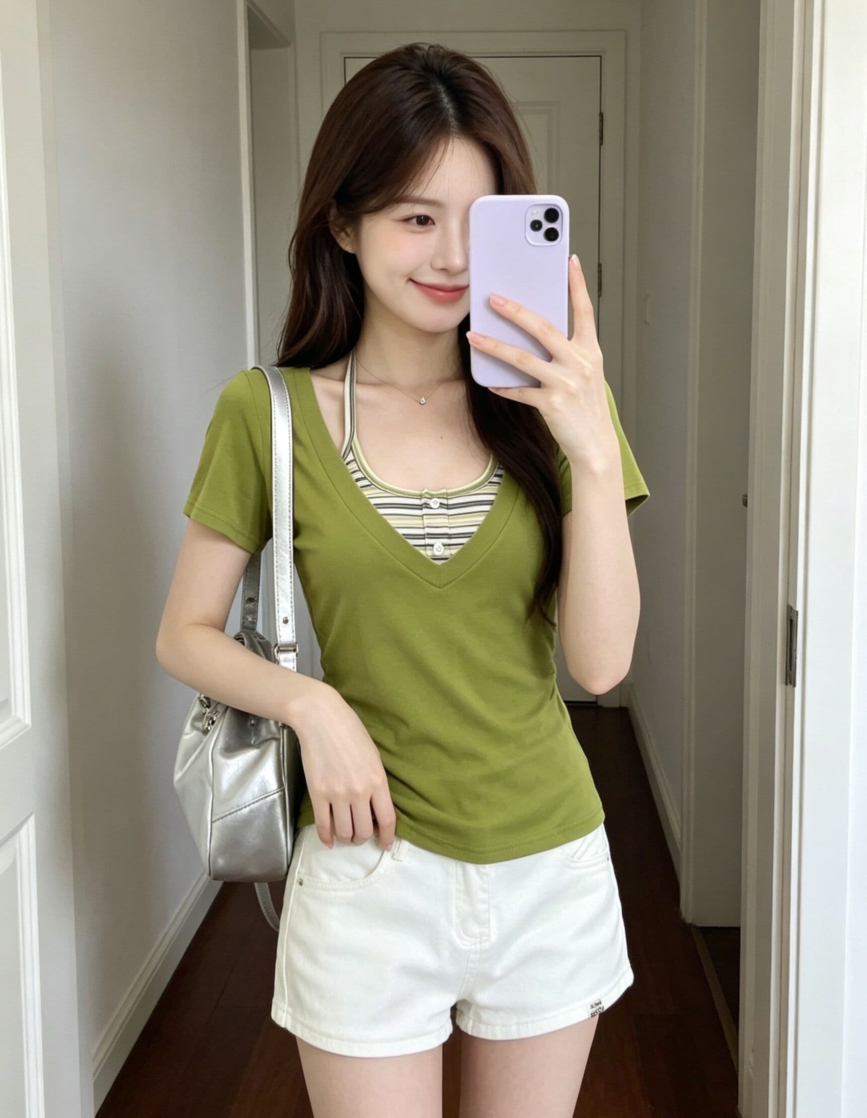 한 부서 스트라이프 행침 목 슬립 V넥 반팔 티셔츠 여성 여름 새로운 몸매 가꾸기 슬림해 보이는 달콤한 핫걸 맨위 투피스 세트 상세 이미지 4