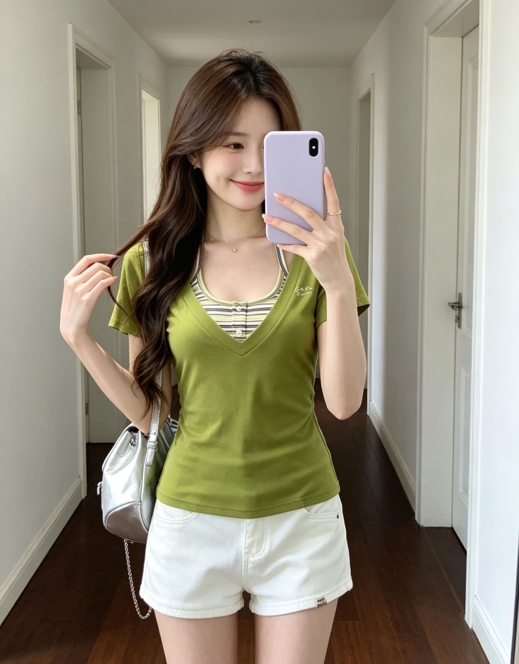 한 부서 스트라이프 행침 목 슬립 V넥 반팔 티셔츠 여성 여름 새로운 몸매 가꾸기 슬림해 보이는 달콤한 핫걸 맨위 투피스 세트 상세 이미지 5