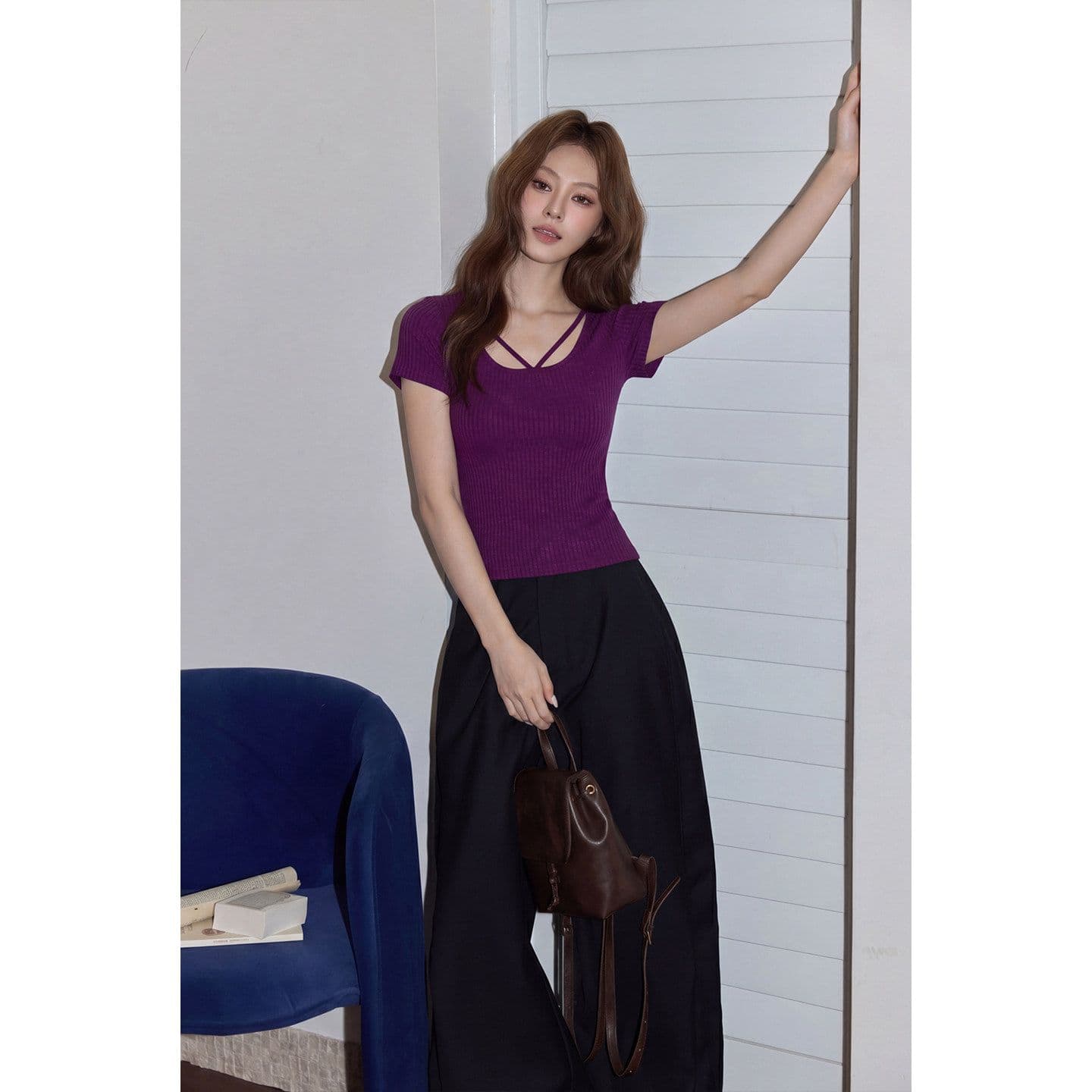 한 부서 보라색 광장 칼라 얇은 스타일 니트 티셔츠 여성 여름 몸매 가꾸기 슬림해 보이는 고유 한 아름다운 ~ 중 반팔 맨위 이미지 3