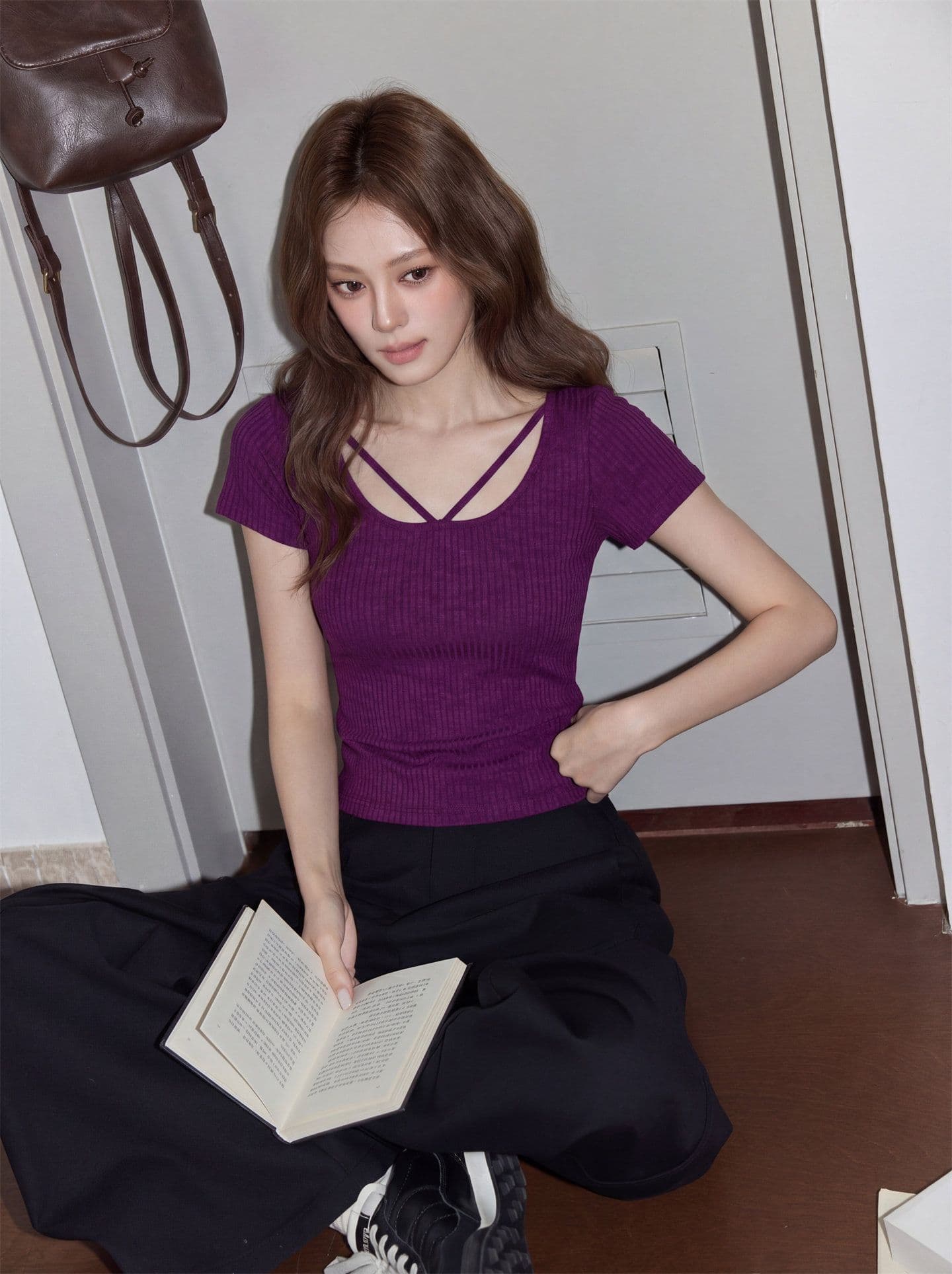 한 부서 보라색 광장 칼라 얇은 스타일 니트 티셔츠 여성 여름 몸매 가꾸기 슬림해 보이는 고유 한 아름다운 ~ 중 반팔 맨위 상세 이미지 2