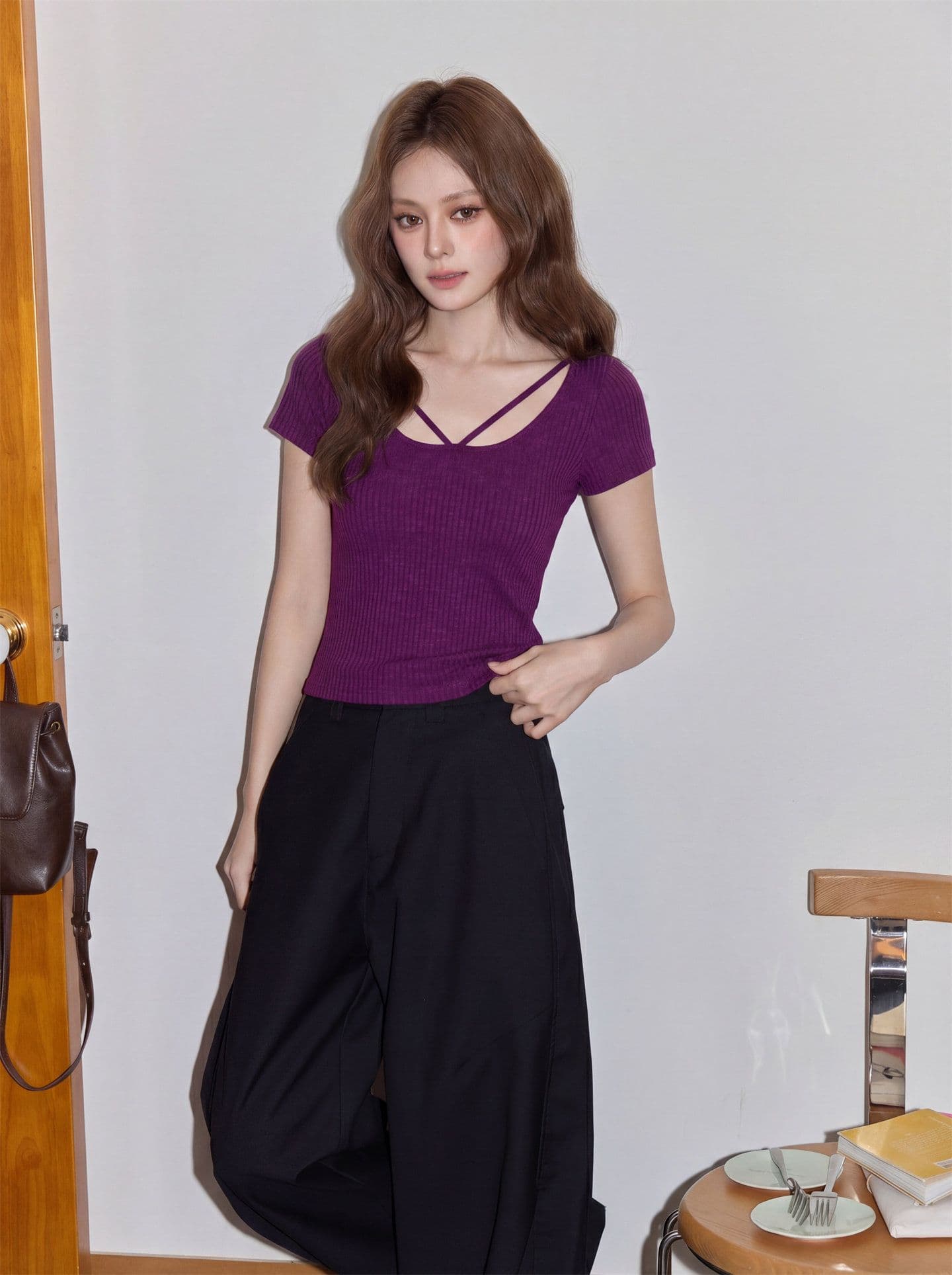 한 부서 보라색 광장 칼라 얇은 스타일 니트 티셔츠 여성 여름 몸매 가꾸기 슬림해 보이는 고유 한 아름다운 ~ 중 반팔 맨위 상세 이미지 4