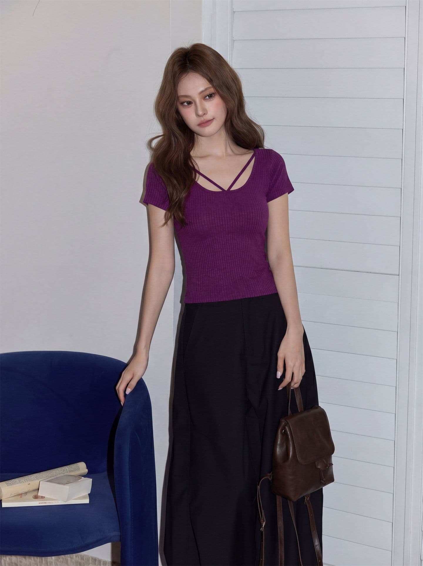 한 부서 보라색 광장 칼라 얇은 스타일 니트 티셔츠 여성 여름 몸매 가꾸기 슬림해 보이는 고유 한 아름다운 ~ 중 반팔 맨위 상세 이미지 7