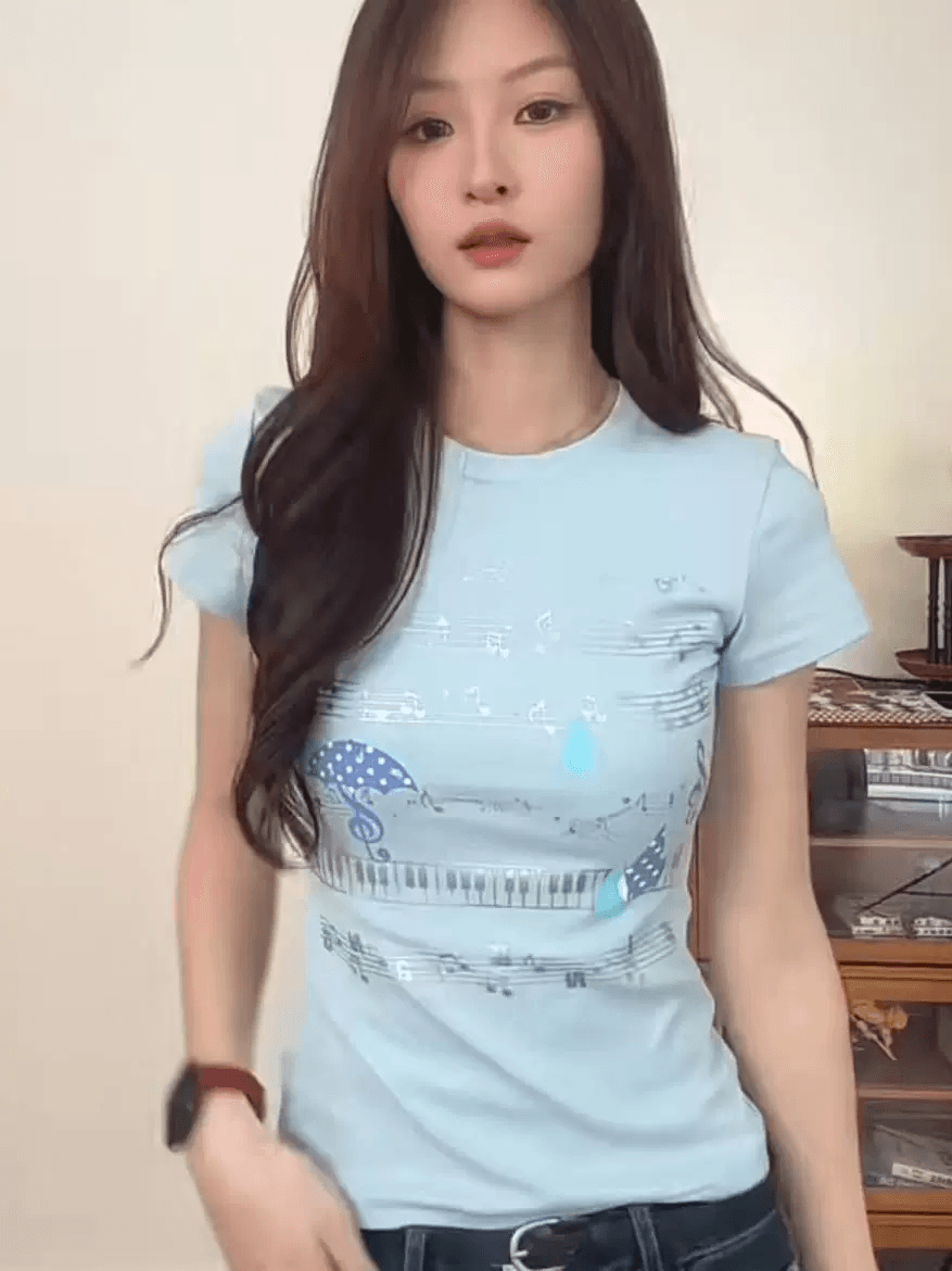 40 차가운 실크 코튼 220 그램 한 부서 신선함 소녀 참고 프린트 긍정적 인 어깨 반팔 티셔츠