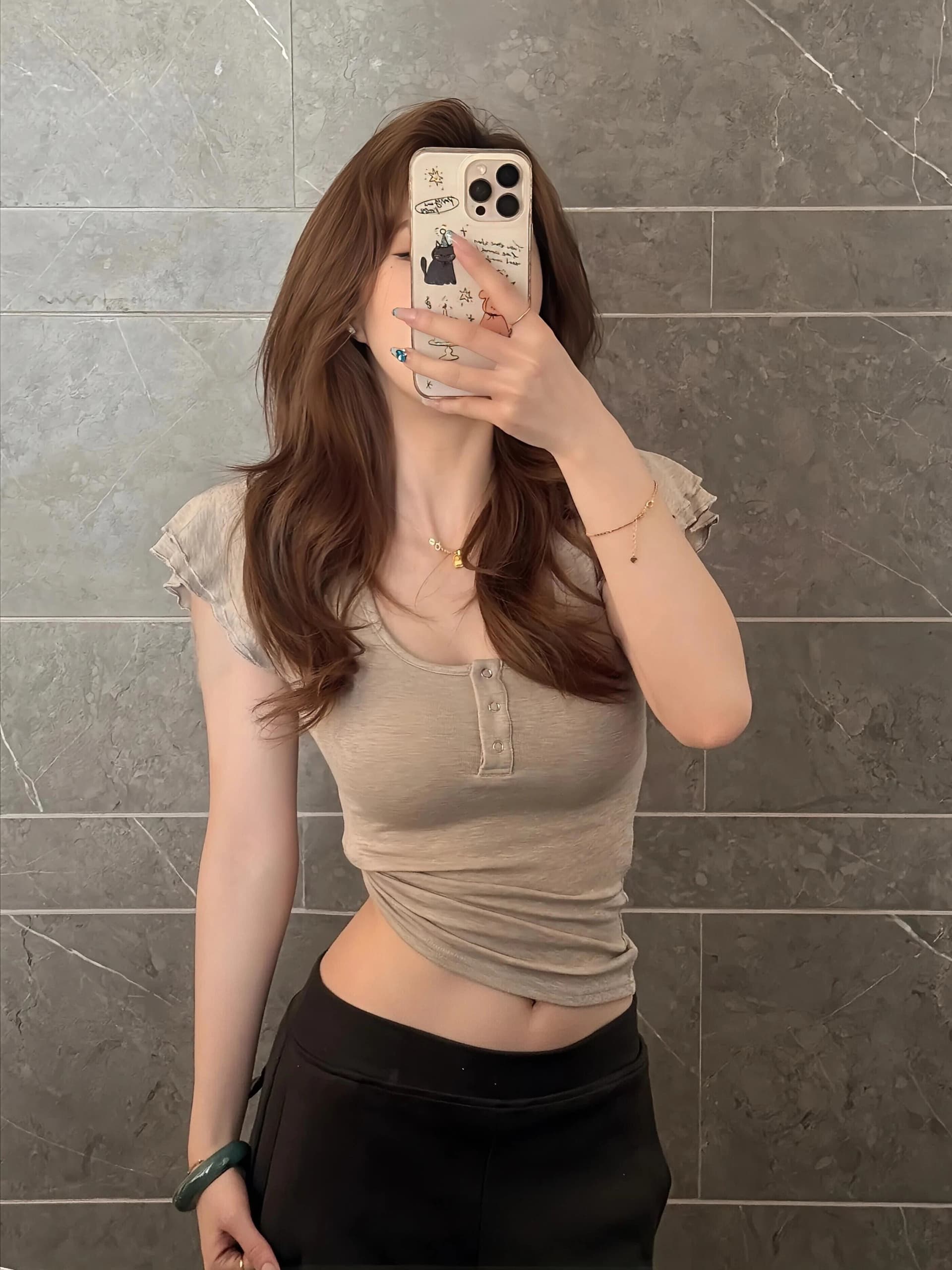 프랑스식 작은 날다 소매 프릴 u 칼라 조끼 몸매 가꾸기 슬림해 보이는 여름 회색 반팔 티셔츠 맨위 상세 이미지 5