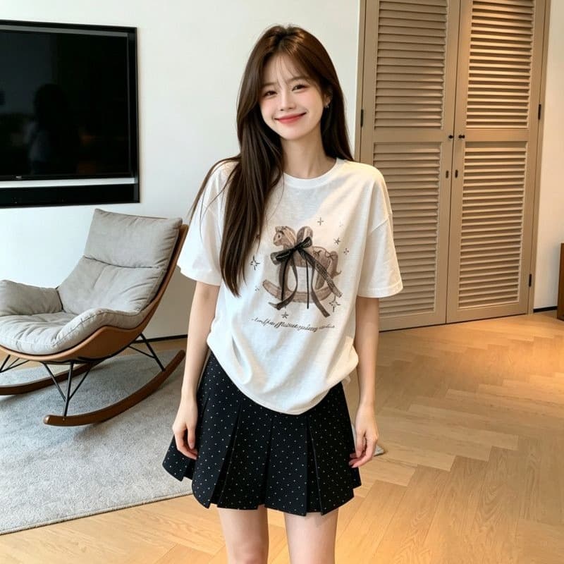 라이 경기 서울 눈꽃 달콤함 나비 매듭 트로이 목마 프린트 반팔 티셔츠 여름 루즈핏 슬림해 보이는 화이트 소녀 맨위 이미지 5