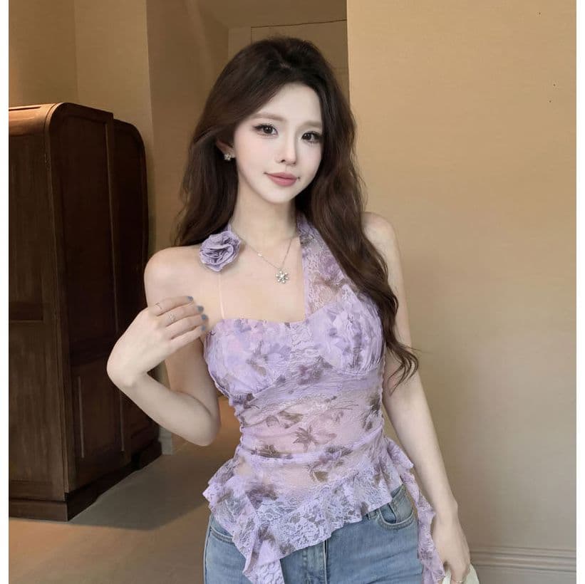 불규칙 3 차원 꽃 백리스 행침 목 조끼 여성 여름 민소매 외출용 핫걸 섹시함 몸매 가꾸기 보라색 맨위 상세 이미지 1