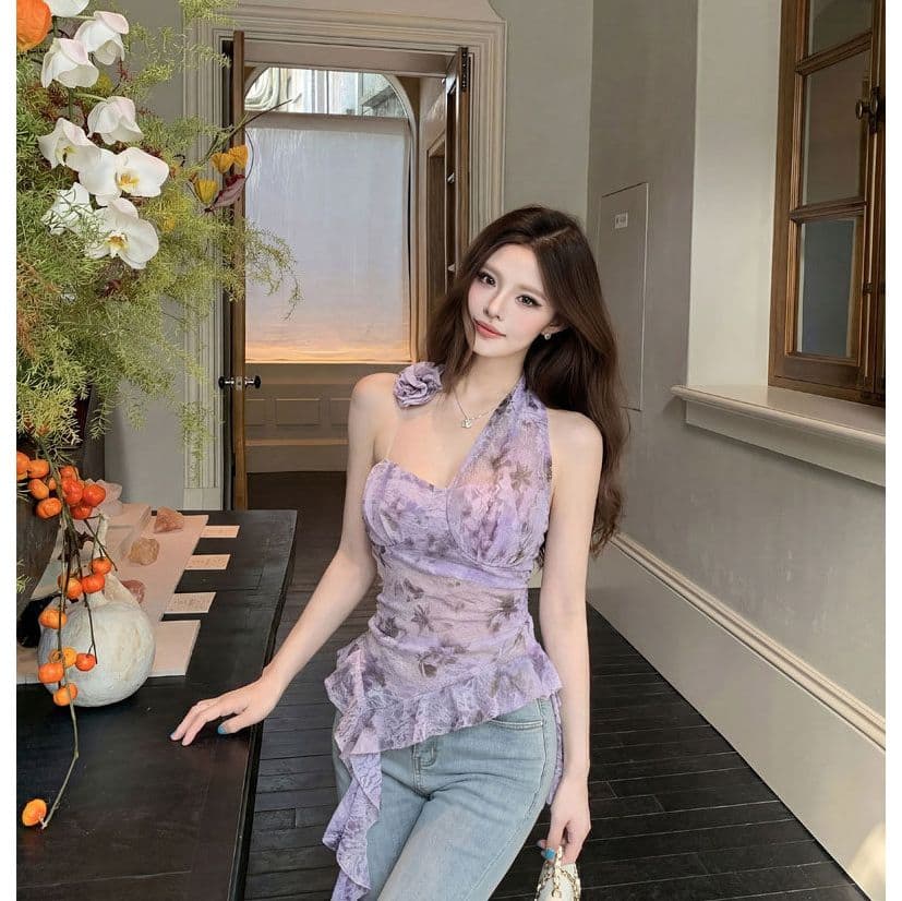 불규칙 3 차원 꽃 백리스 행침 목 조끼 여성 여름 민소매 외출용 핫걸 섹시함 몸매 가꾸기 보라색 맨위 상세 이미지 2