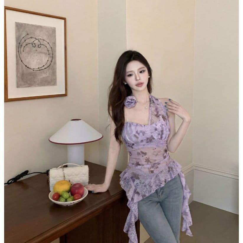 불규칙 3 차원 꽃 백리스 행침 목 조끼 여성 여름 민소매 외출용 핫걸 섹시함 몸매 가꾸기 보라색 맨위 상세 이미지 5