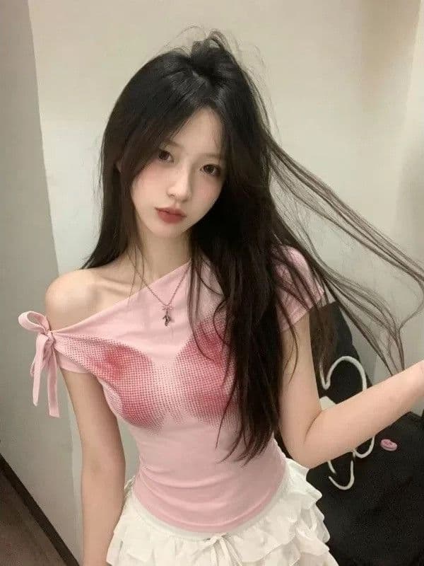 원본 주간 실크 양모 리브 여름 헤일로 염색 나비 프린트 비스듬한 어깨 레이스업 복숭아 분말 몸매 가꾸기 반팔 티셔츠 여성 상세 이미지 5