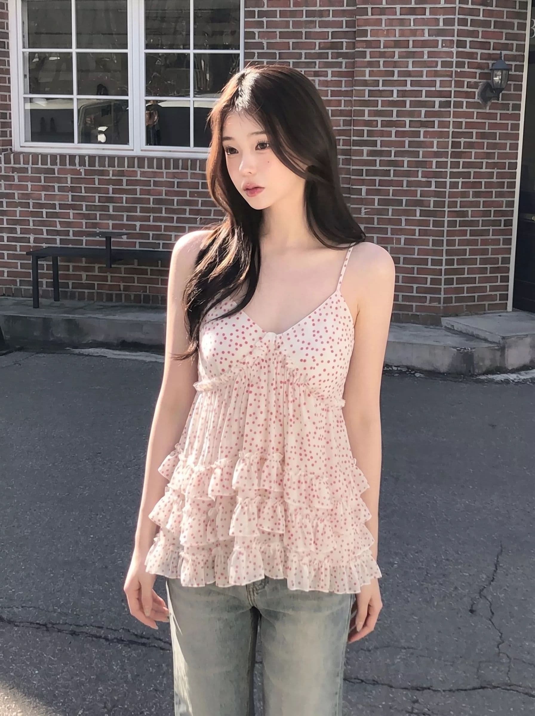 원본 품질 도트 무늬 케이크 연꽃 잎 레이스 캐미솔 여름 층 디자인 센스 소녀 첨부 된 의류