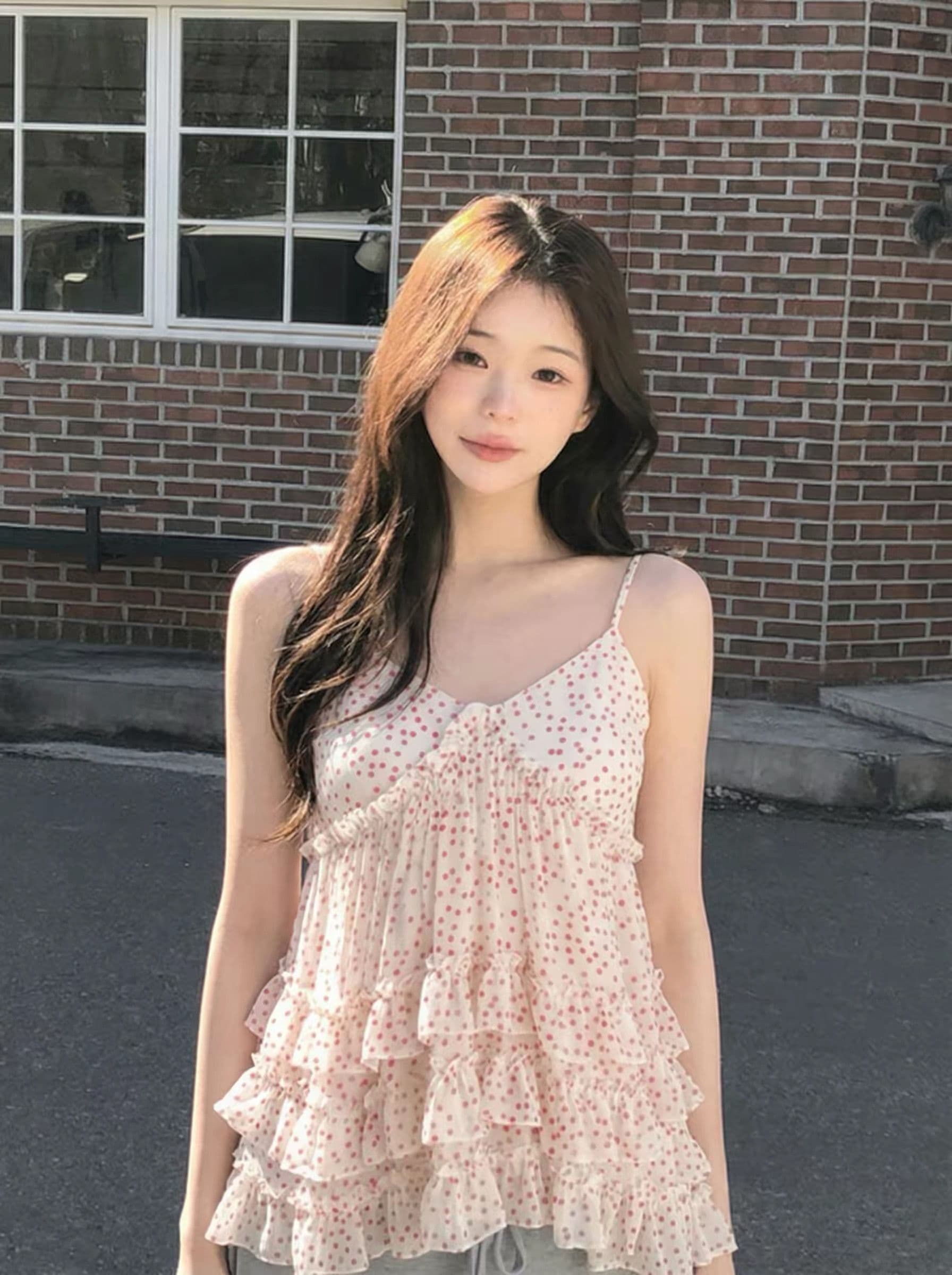 원본 품질 도트 무늬 케이크 연꽃 잎 레이스 캐미솔 여름 층 디자인 센스 소녀 첨부 된 의류 이미지 2