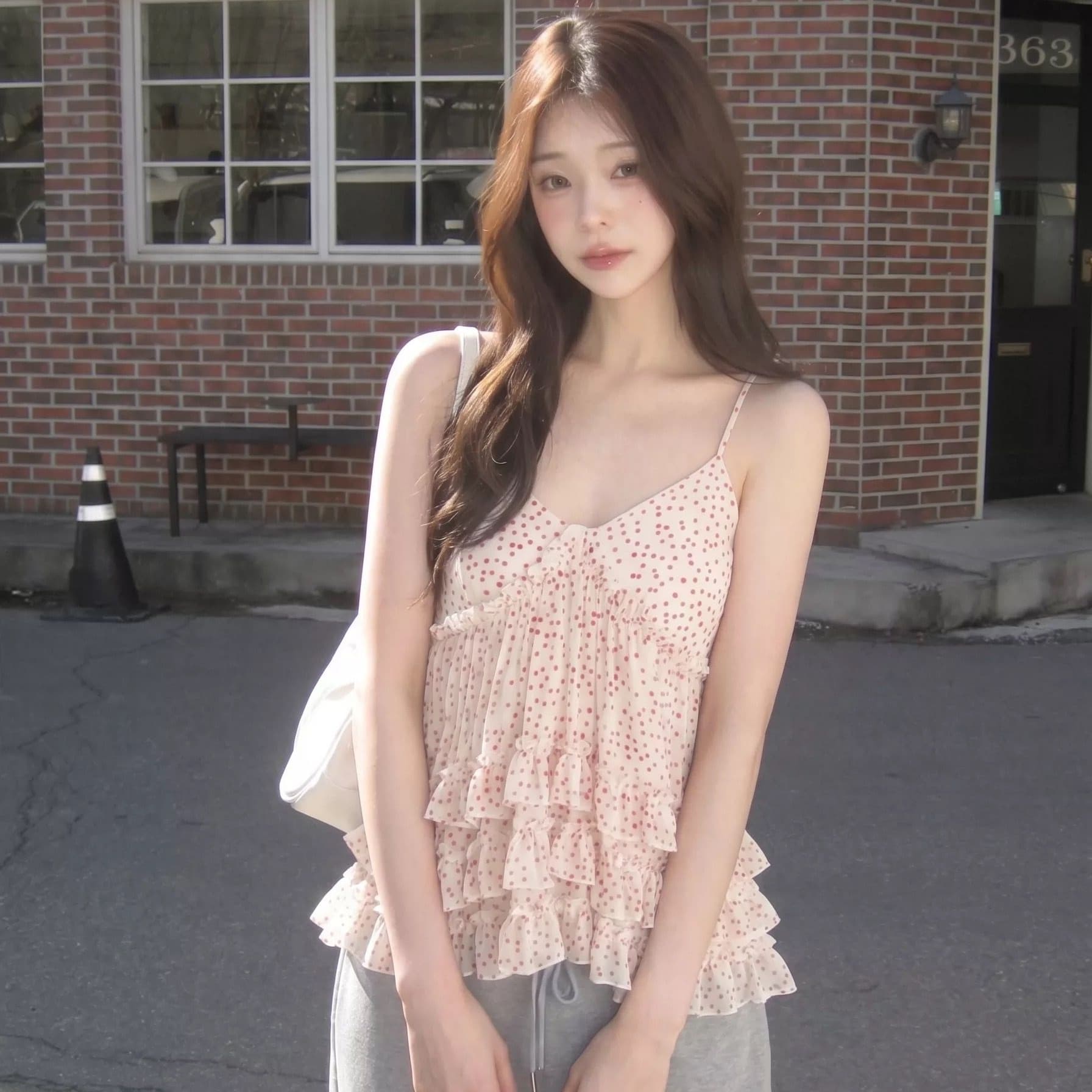 원본 품질 도트 무늬 케이크 연꽃 잎 레이스 캐미솔 여름 층 디자인 센스 소녀 첨부 된 의류 이미지 5
