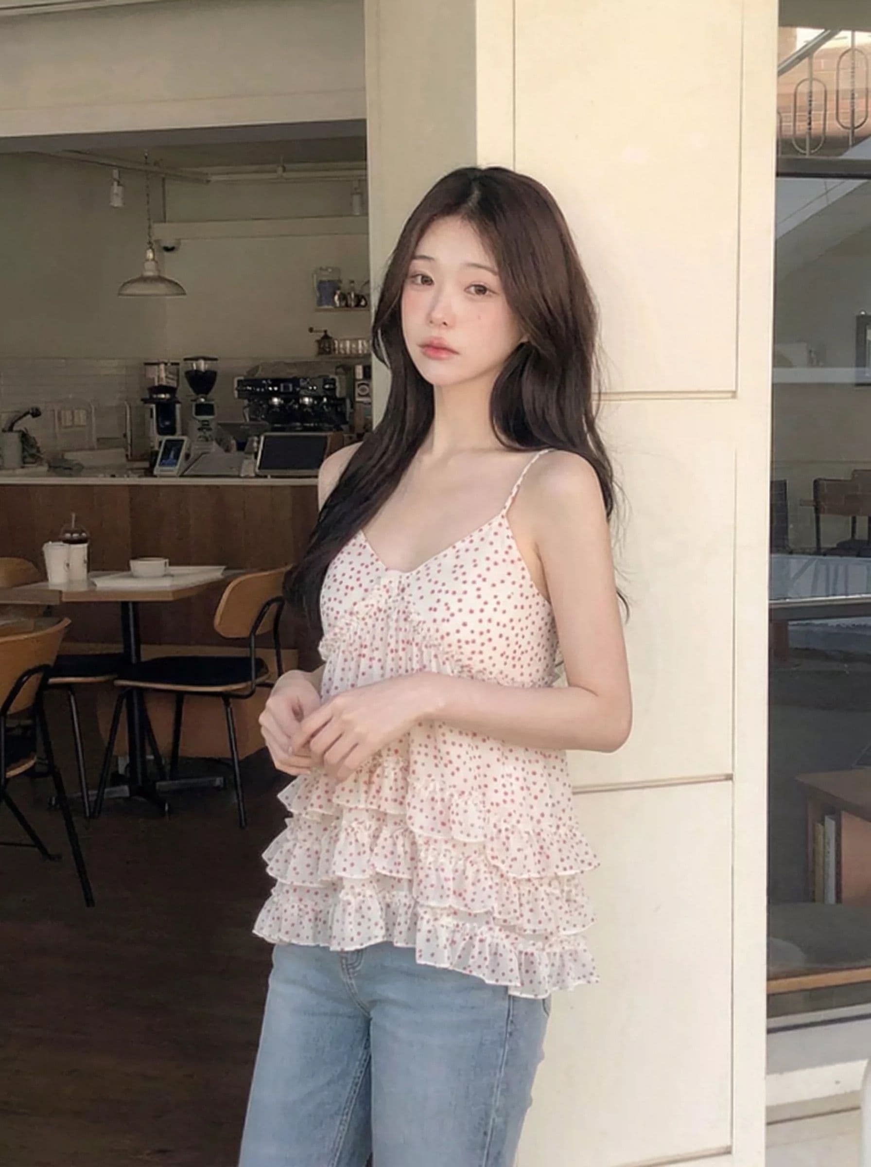 원본 품질 도트 무늬 케이크 연꽃 잎 레이스 캐미솔 여름 층 디자인 센스 소녀 첨부 된 의류 상세 이미지 5