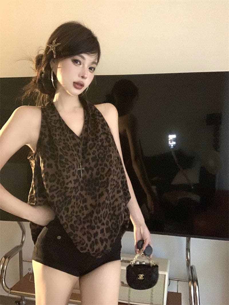 레트로 레오파드 무늬 백리스 행침 목 조끼 여성 2026 여름 새로운 패션 핫걸 바람 품격 V넥 슬립 맨위 상세 이미지 1