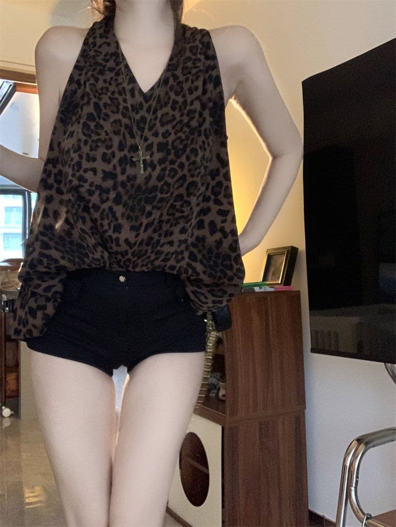 레트로 레오파드 무늬 백리스 행침 목 조끼 여성 2026 여름 새로운 패션 핫걸 바람 품격 V넥 슬립 맨위 상세 이미지 4
