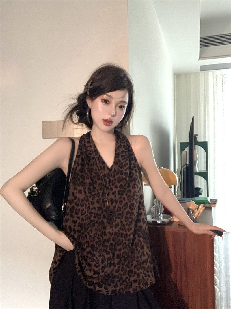 레트로 레오파드 무늬 백리스 행침 목 조끼 여성 2026 여름 새로운 패션 핫걸 바람 품격 V넥 슬립 맨위 상세 이미지 8
