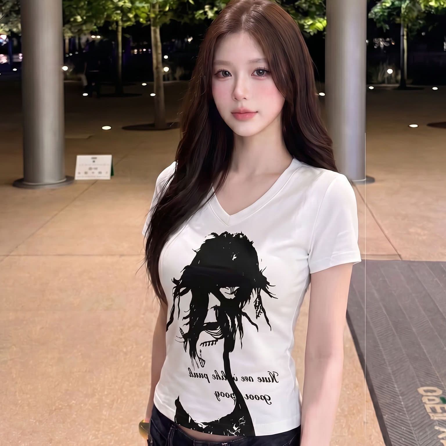 230 크 모달 한 부서 캐주얼 화이트 인물 프린트 V넥 반팔 티셔츠 여성 몸매 가꾸기 슬림해 보이는 미니멀리즘 맨위 이미지 5