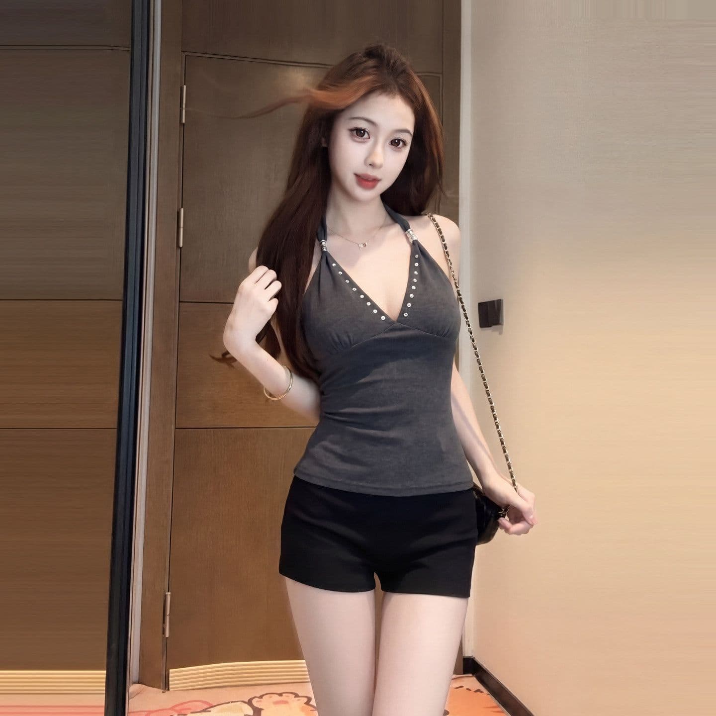 양모 회색 순수한 욕망 V넥 행침 목 슬립 수 있습니다. 조정 여성 여름 핫걸 몸매 가꾸기 슬림해 보이는 섹시함 허리 수축 조끼 상세 이미지 1