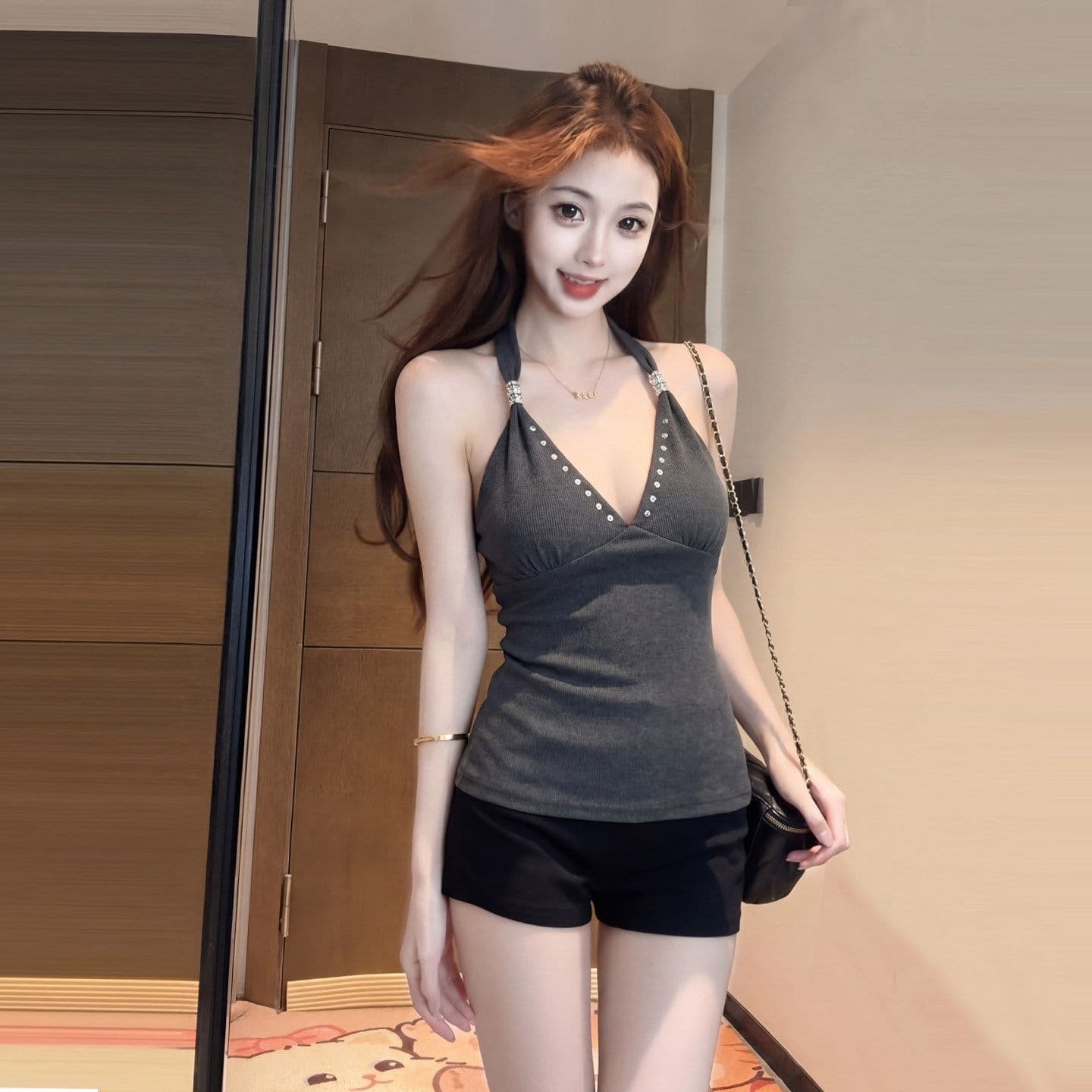 양모 회색 순수한 욕망 V넥 행침 목 슬립 수 있습니다. 조정 여성 여름 핫걸 몸매 가꾸기 슬림해 보이는 섹시함 허리 수축 조끼 상세 이미지 2