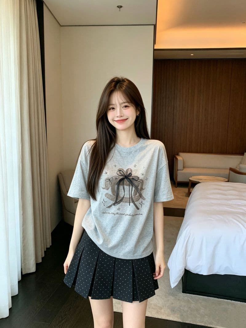 라이 경기 서울 눈꽃 달콤함 나비 매듭 트로이 목마 프린트 반팔 티셔츠 여름 루즈핏 슬림해 보이는 화이트 소녀 맨위 이미지 2