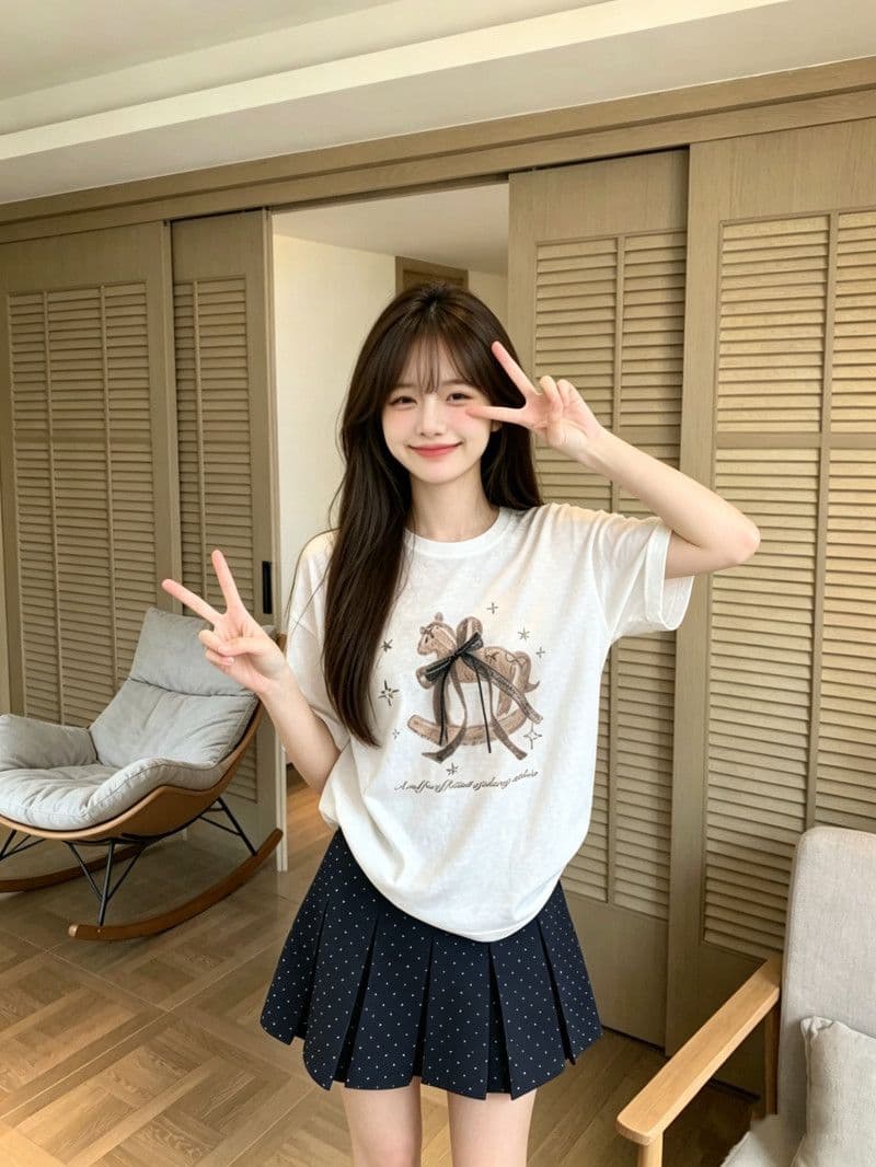 라이 경기 서울 눈꽃 달콤함 나비 매듭 트로이 목마 프린트 반팔 티셔츠 여름 루즈핏 슬림해 보이는 화이트 소녀 맨위 상세 이미지 3
