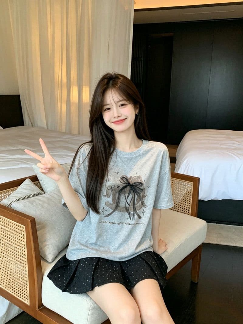 라이 경기 서울 눈꽃 달콤함 나비 매듭 트로이 목마 프린트 반팔 티셔츠 여름 루즈핏 슬림해 보이는 화이트 소녀 맨위 상세 이미지 6