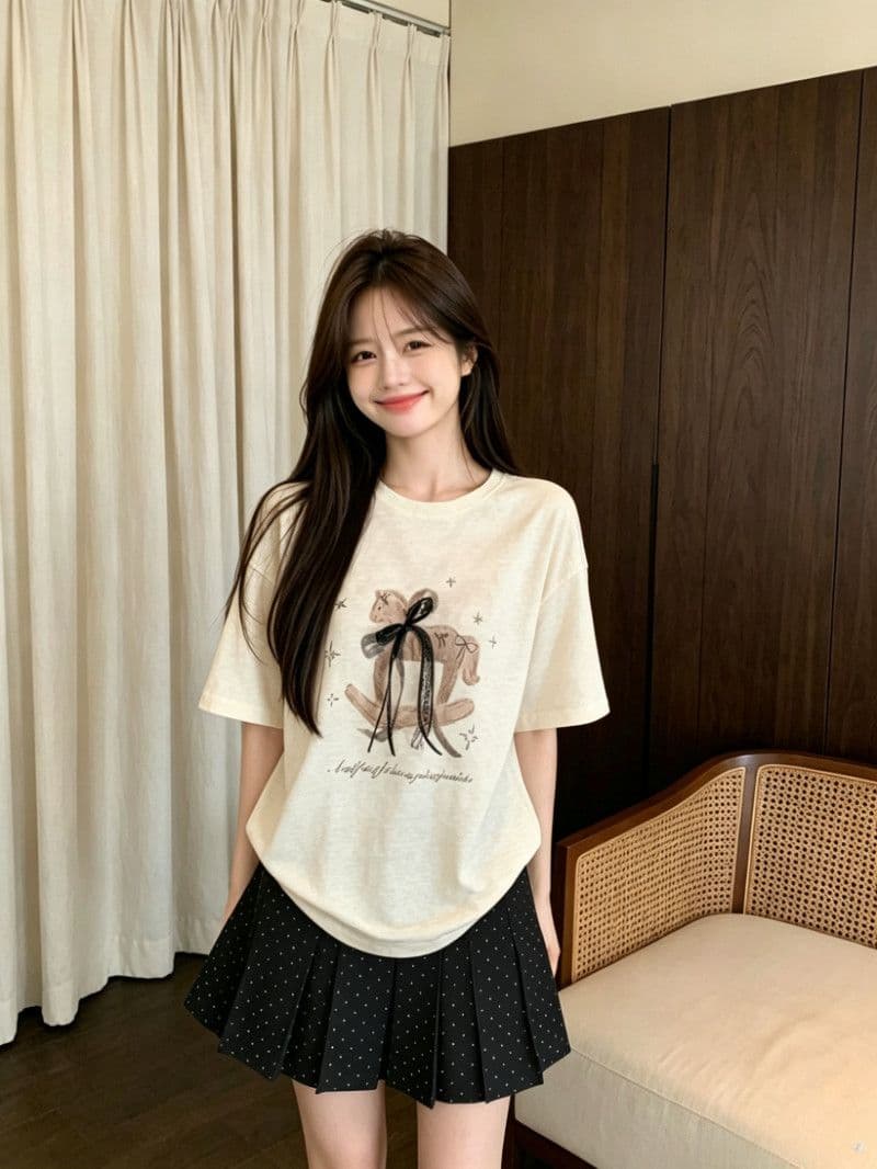라이 경기 서울 눈꽃 달콤함 나비 매듭 트로이 목마 프린트 반팔 티셔츠 여름 루즈핏 슬림해 보이는 화이트 소녀 맨위 상세 이미지 7