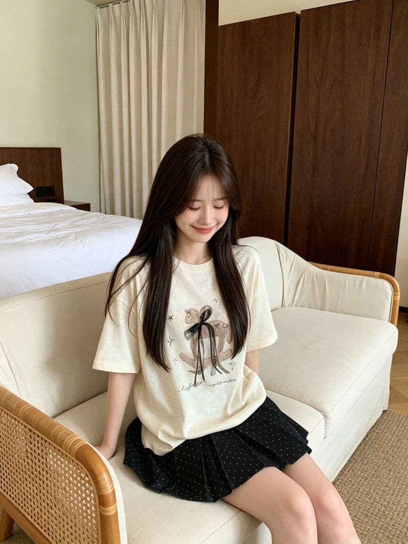 라이 경기 서울 눈꽃 달콤함 나비 매듭 트로이 목마 프린트 반팔 티셔츠 여름 루즈핏 슬림해 보이는 화이트 소녀 맨위 상세 이미지 9