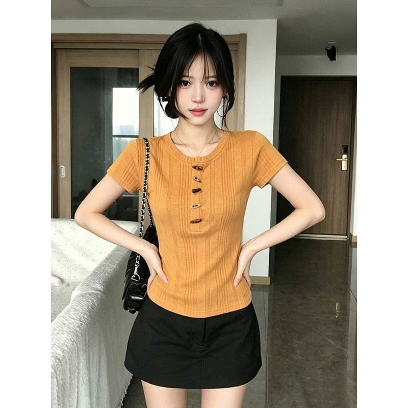 원본 원단 한 부서 질감 센스 소뿔 버클 반팔 티셔츠 여성 여름 몸매 가꾸기 슬림해 보이는 핫걸 맨위 이미지 5