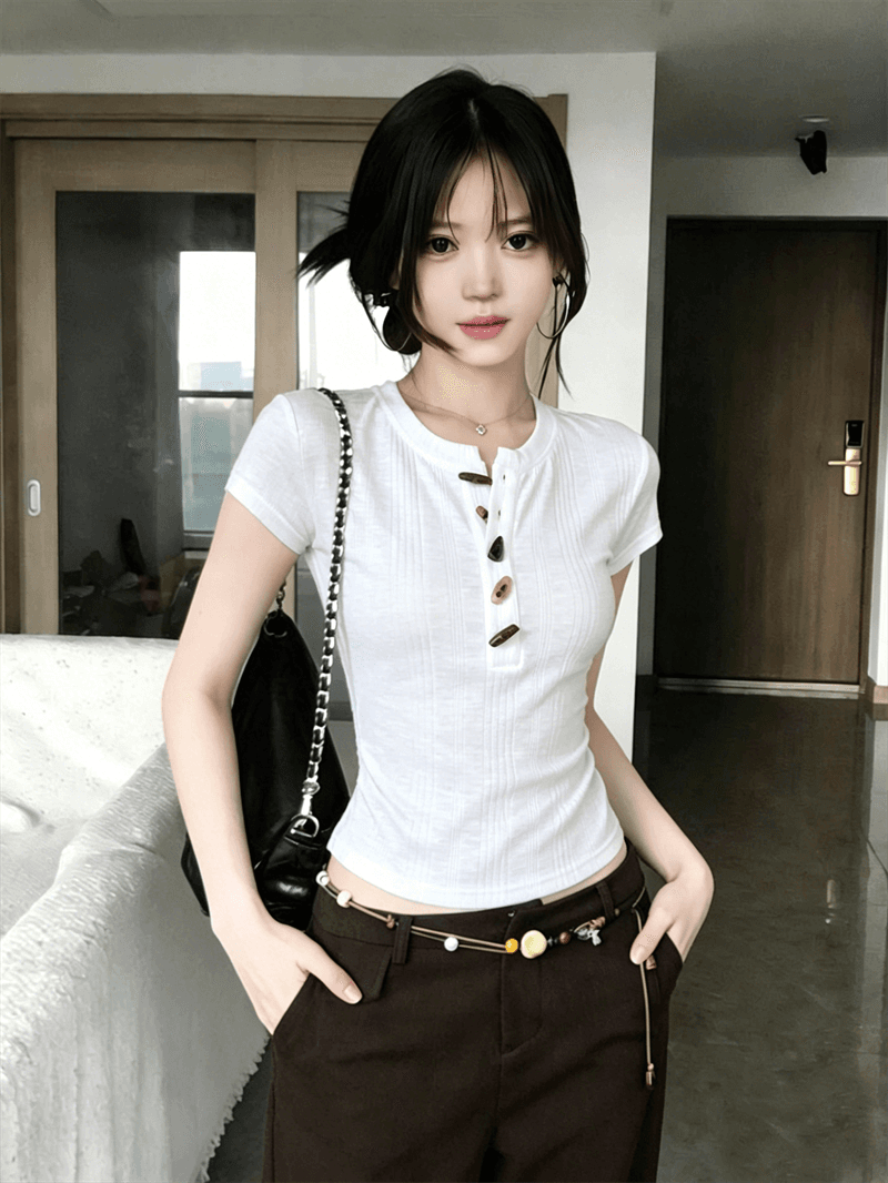 원본 원단 한 부서 질감 센스 소뿔 버클 반팔 티셔츠 여성 여름 몸매 가꾸기 슬림해 보이는 핫걸 맨위 상세 이미지 2