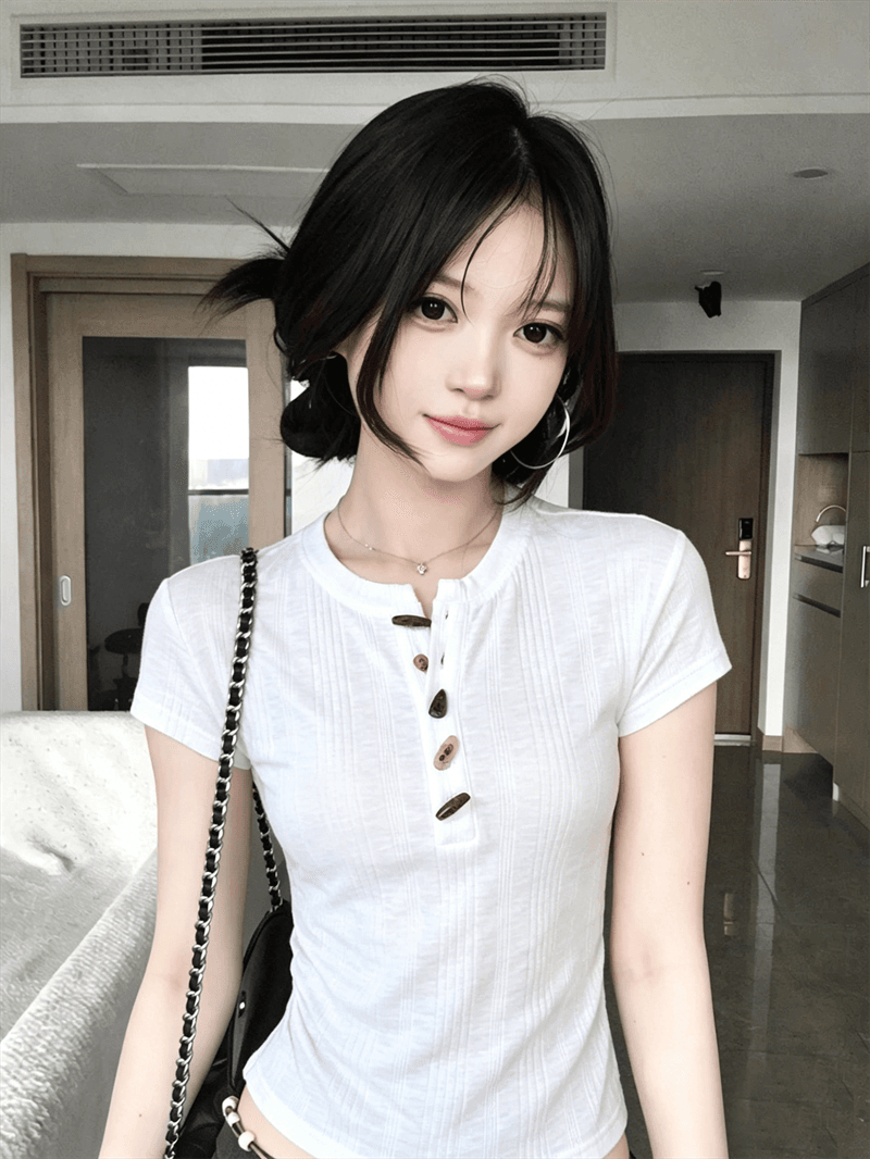 원본 원단 한 부서 질감 센스 소뿔 버클 반팔 티셔츠 여성 여름 몸매 가꾸기 슬림해 보이는 핫걸 맨위 상세 이미지 3