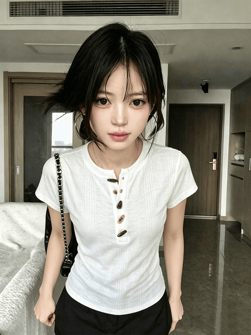 원본 원단 한 부서 질감 센스 소뿔 버클 반팔 티셔츠 여성 여름 몸매 가꾸기 슬림해 보이는 핫걸 맨위 상세 이미지 4