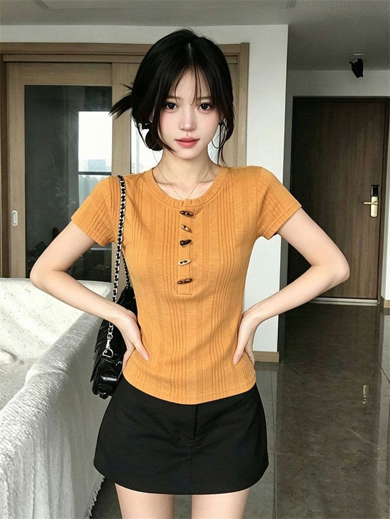 원본 원단 한 부서 질감 센스 소뿔 버클 반팔 티셔츠 여성 여름 몸매 가꾸기 슬림해 보이는 핫걸 맨위 상세 이미지 7