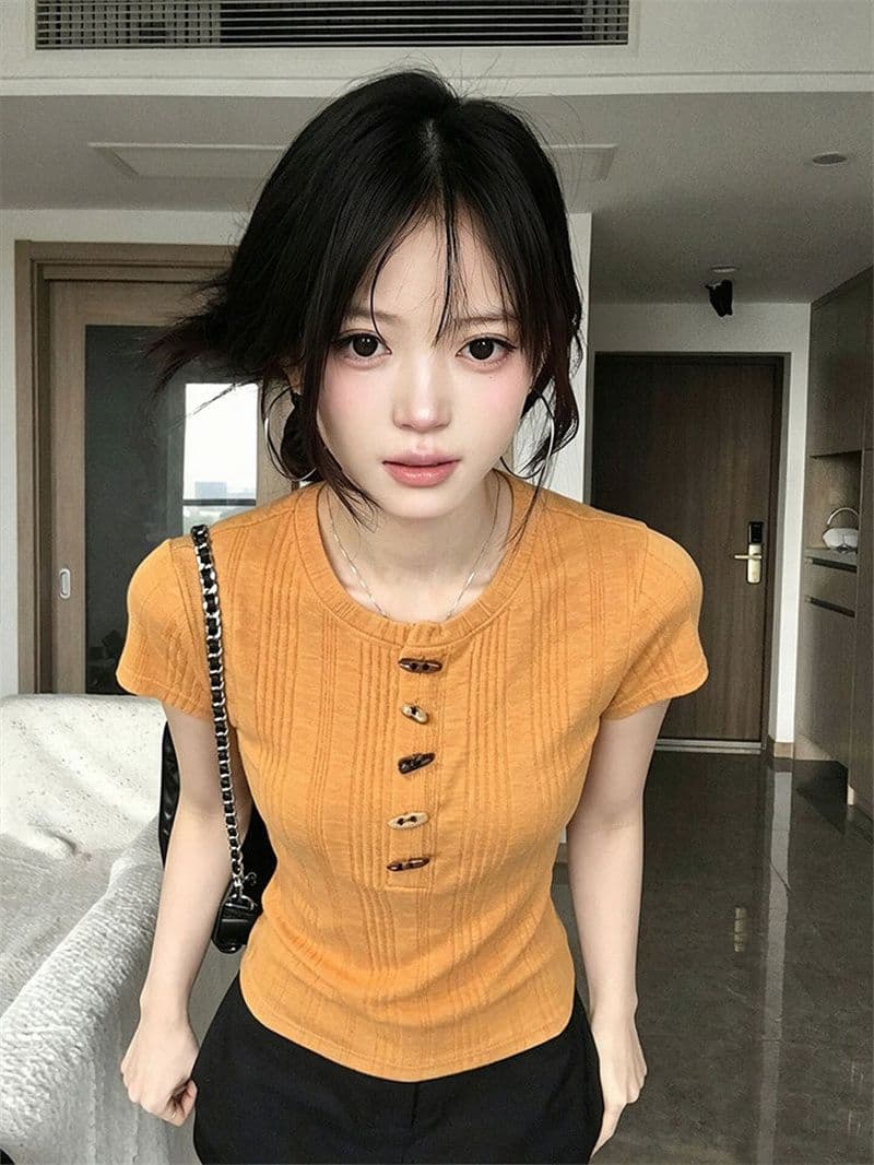 원본 원단 한 부서 질감 센스 소뿔 버클 반팔 티셔츠 여성 여름 몸매 가꾸기 슬림해 보이는 핫걸 맨위 상세 이미지 10