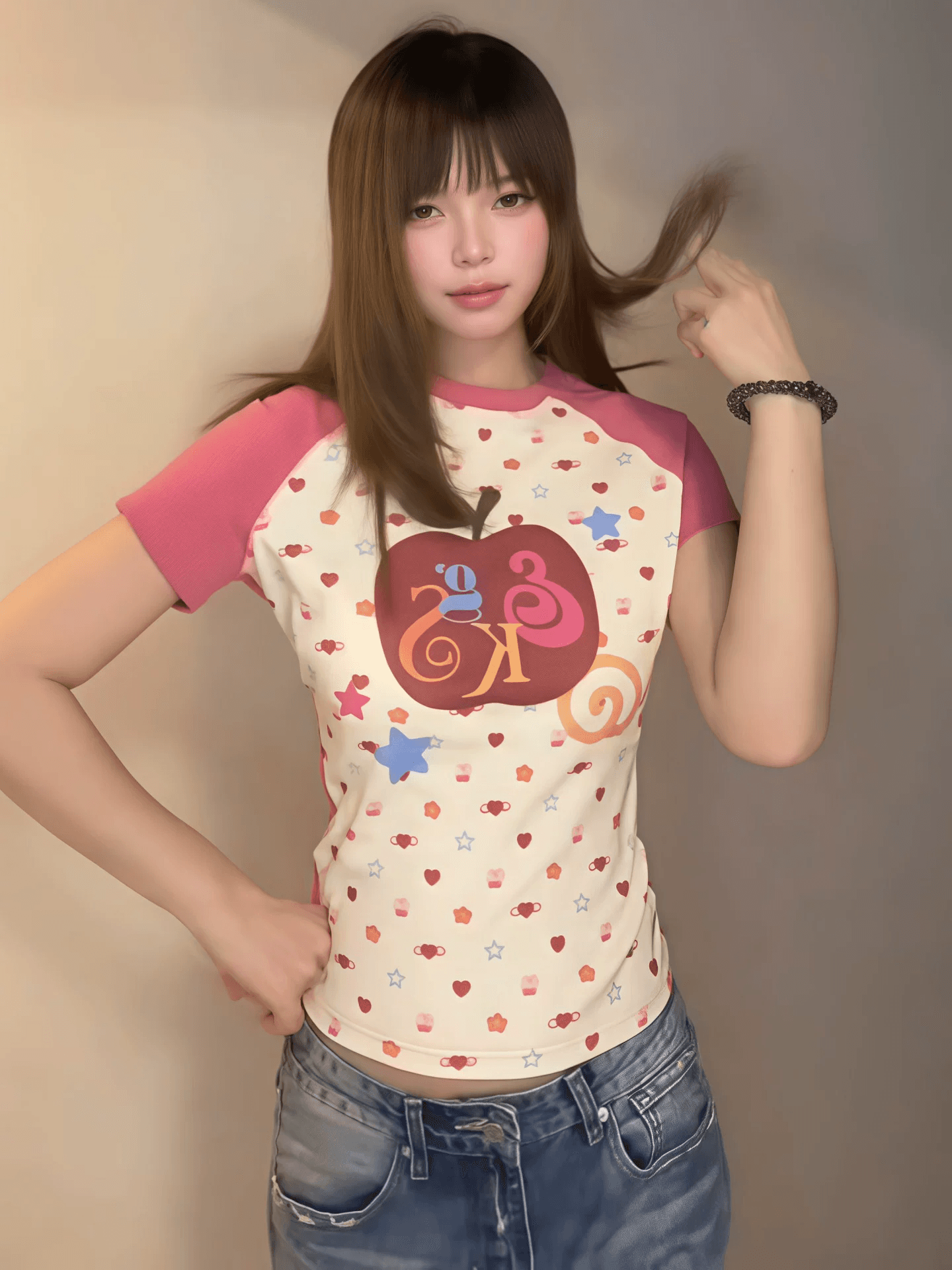 40 차가운 실크 코튼 220 그램 아메리칸 레트로 하트 애플 달콤한 핫걸 반팔 티셔츠 여성 이미지 3