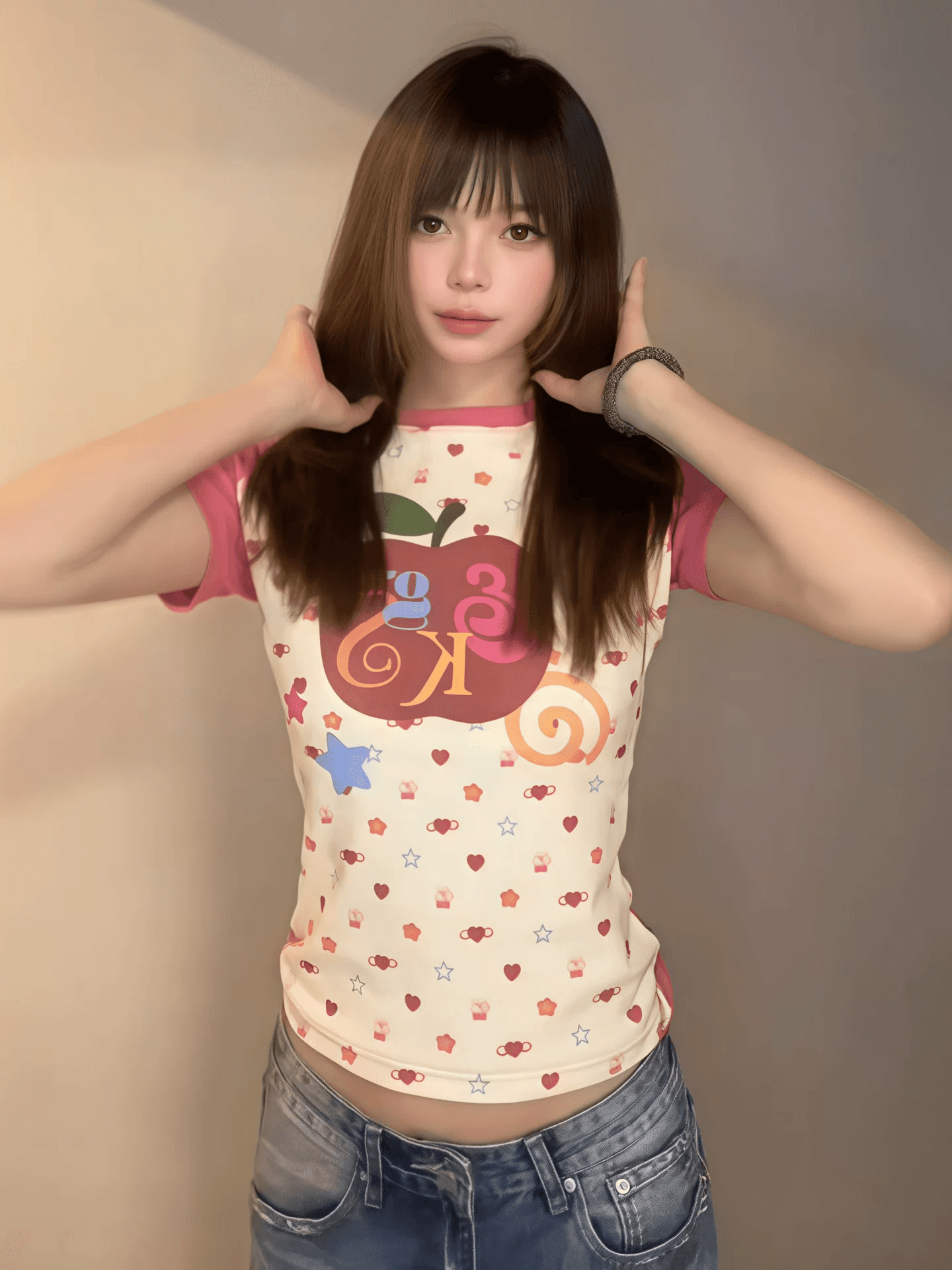40 차가운 실크 코튼 220 그램 아메리칸 레트로 하트 애플 달콤한 핫걸 반팔 티셔츠 여성 상세 이미지 2