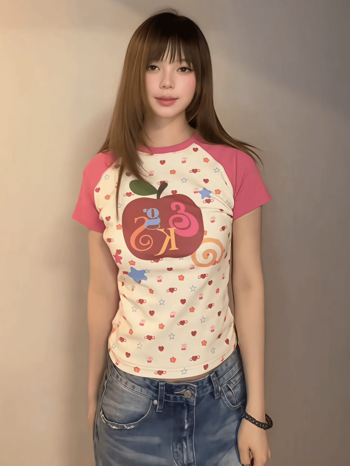40 차가운 실크 코튼 220 그램 아메리칸 레트로 하트 애플 달콤한 핫걸 반팔 티셔츠 여성 상세 이미지 4