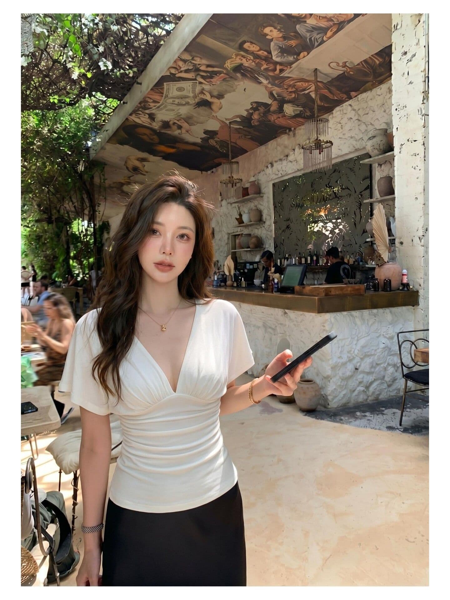 화이트 V넥 주름 반팔 티셔츠 여성 2026 여름 새로운 허리 수축 슬림해 보이는 맨위 상세 이미지 5