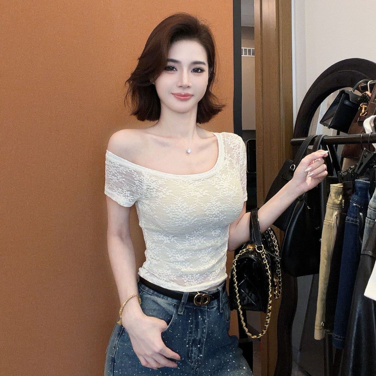 순수한 욕망 바람 섹시함 비스듬한 어깨 레이스 반팔 티셔츠 여성 2026 여름 새로운 아름다운 품격 몸매 가꾸기 맨위 상세 이미지 2