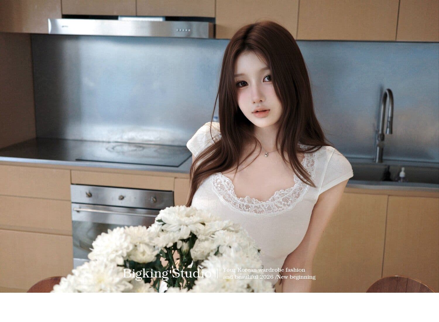 bigking 다이 킨 홈 얕은 욕망 마이크로 대 u 칼라 레이스 측면 반팔 티셔츠 여성 몸매 가꾸기 순수한 욕망 맨위 상세 이미지 2
