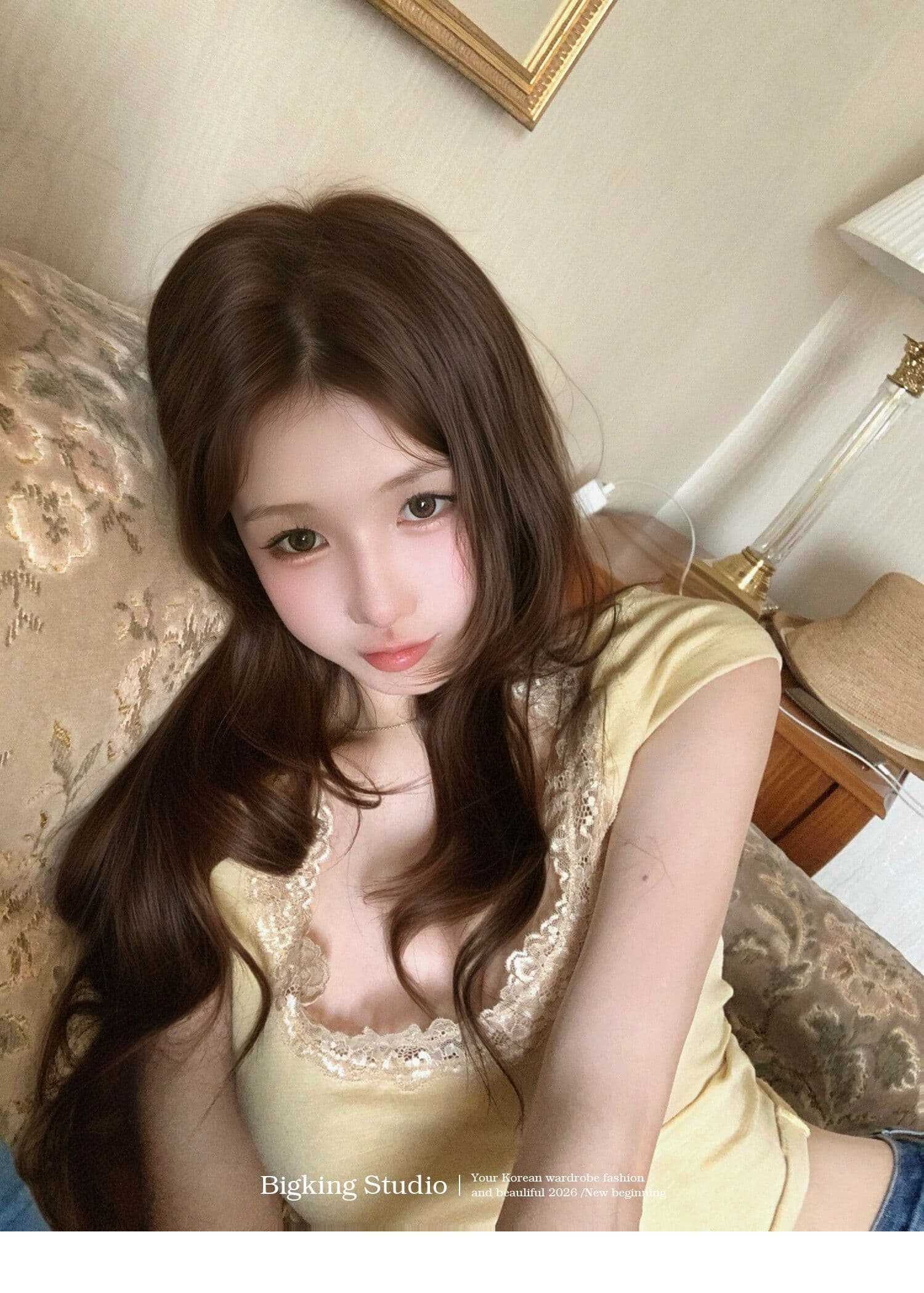 bigking 다이 킨 홈 얕은 욕망 마이크로 대 u 칼라 레이스 측면 반팔 티셔츠 여성 몸매 가꾸기 순수한 욕망 맨위 상세 이미지 8